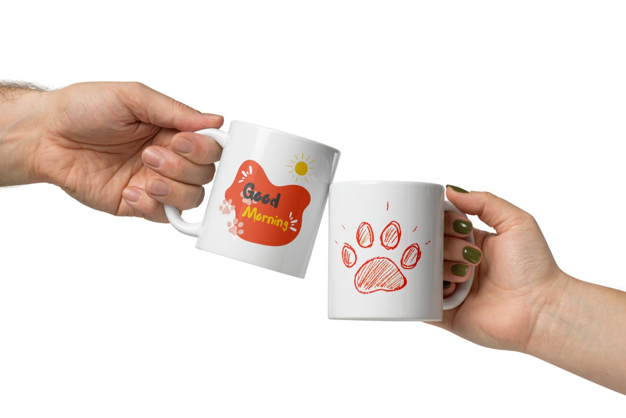 A double-sided ceramic coffee mug with an orange paw print design and 'Good Morning' message on one side, and a plain background on the other.