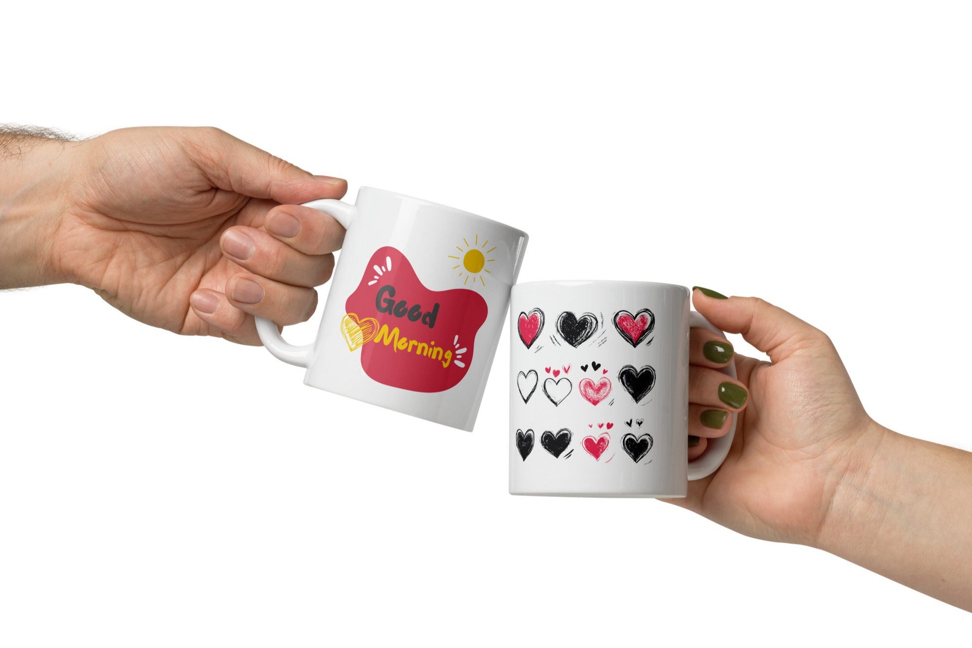 A ceramic coffee mug with a double-sided design featuring a heart pattern on one side and a 'Good Morning' message with a heart motif on the other, presented in a white background.