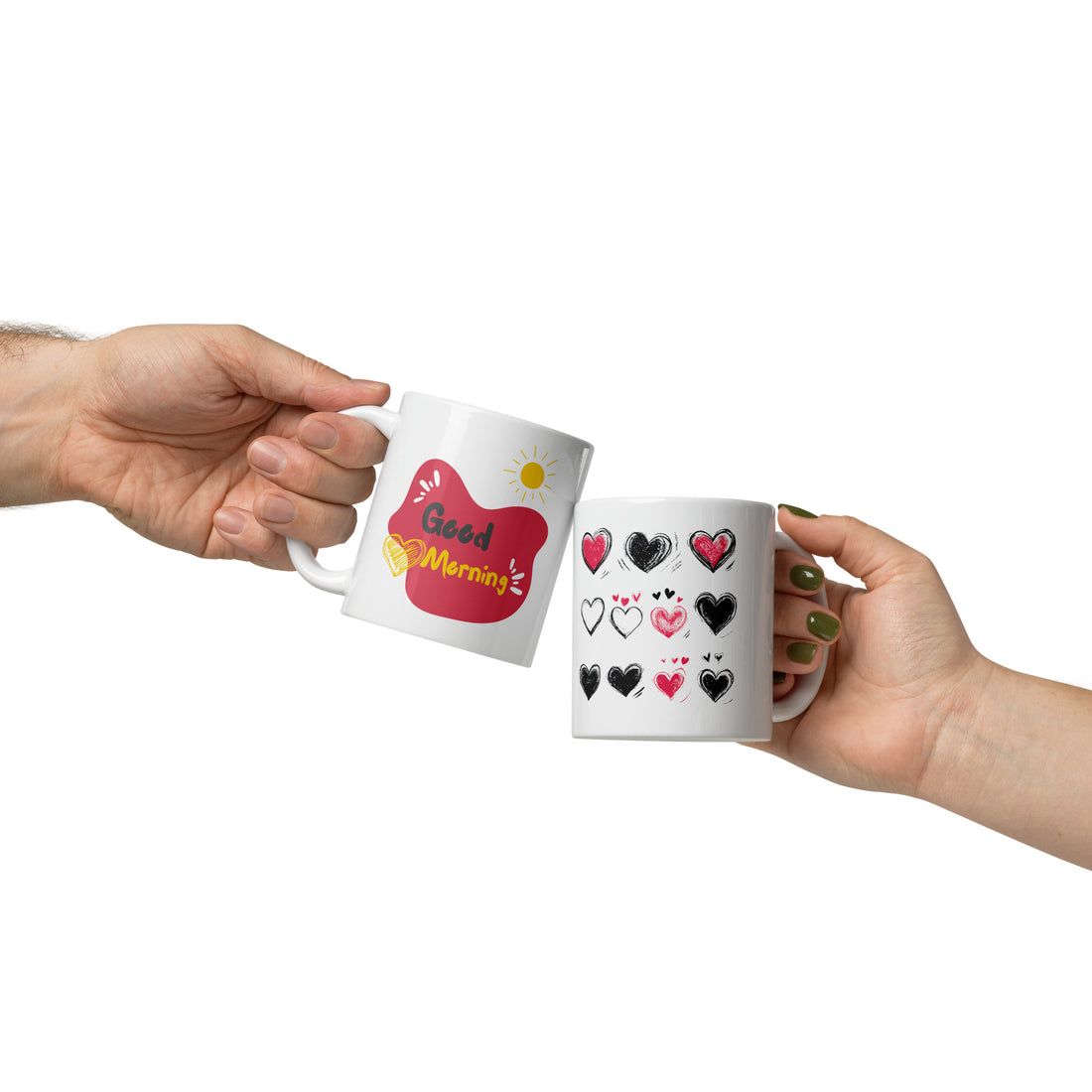 Good Morning Heart Pattern Ceramic Coffee Mug | 11 oz Double-Sided Mug with Red and Black Heart Design | Stylish Coffee and Tea Mug for Home, Office, and Gifting