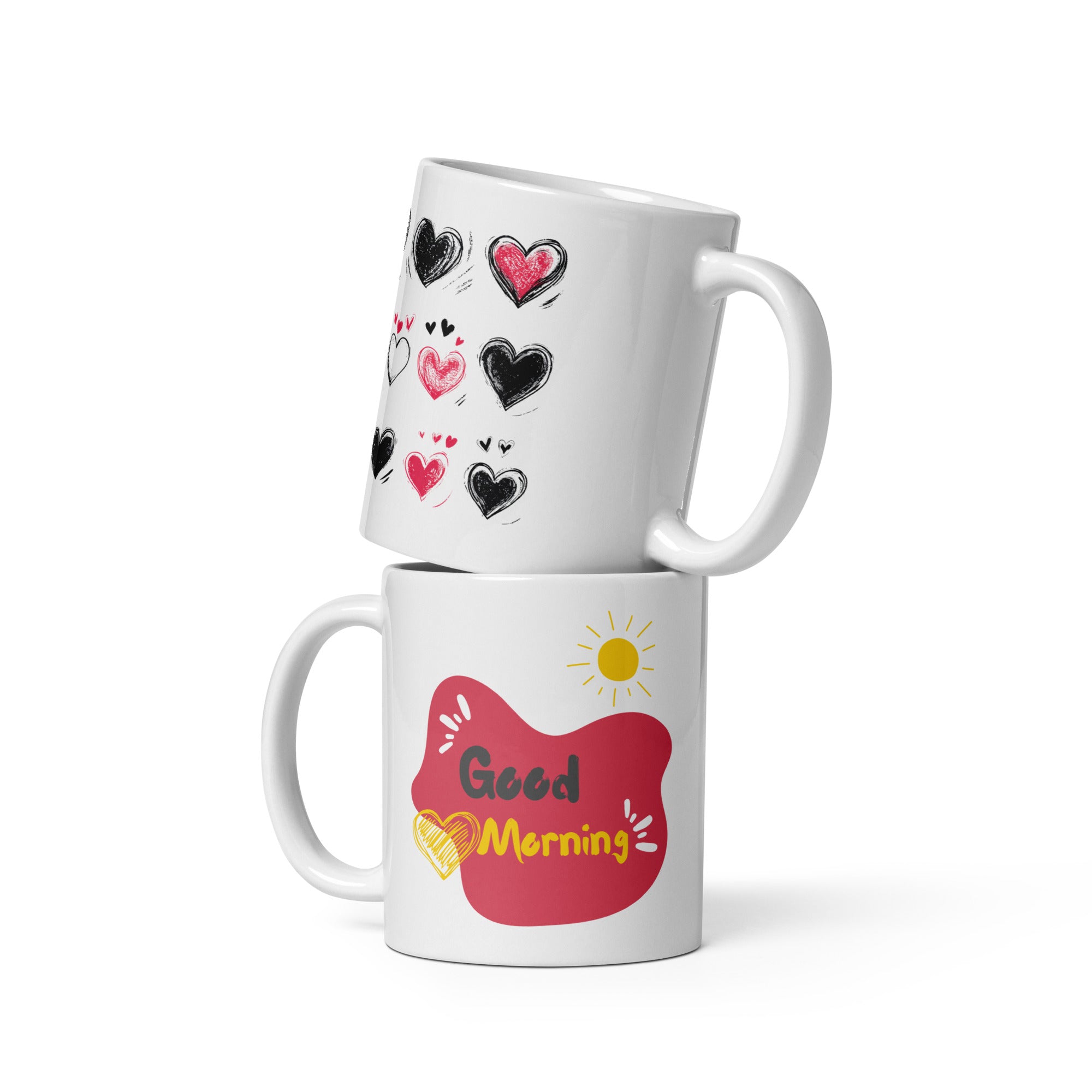 A ceramic coffee mug with a double-sided design featuring a heart pattern on one side and a 'Good Morning' message with a heart motif on the other, presented in a white background.