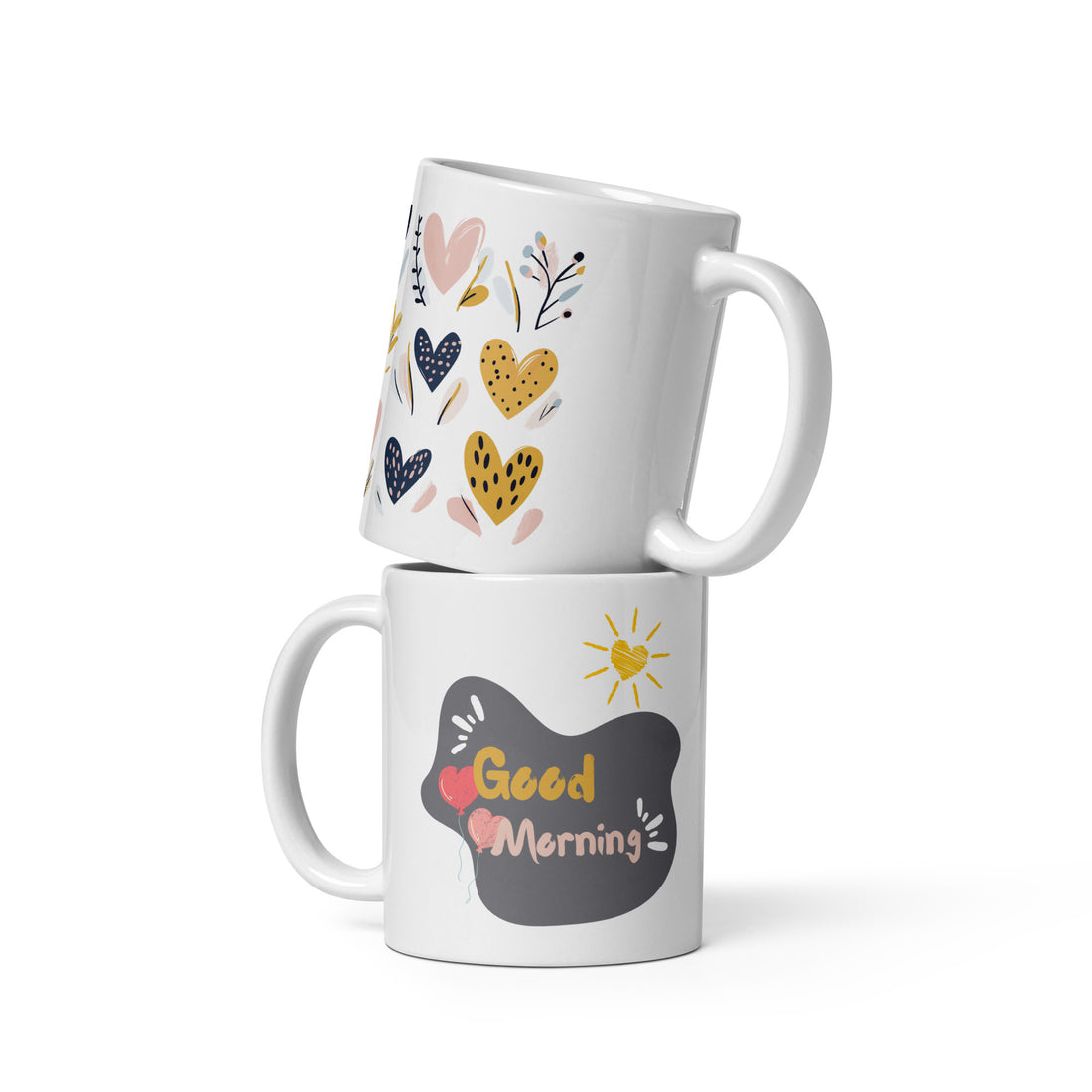 Good Morning Heart Design Ceramic Coffee Mug | 11 oz Coffee and Tea Mug with Cute Heart and Balloon Pattern | Durable Ceramic, Microwave & Dishwasher Safe | Great for Home or Office