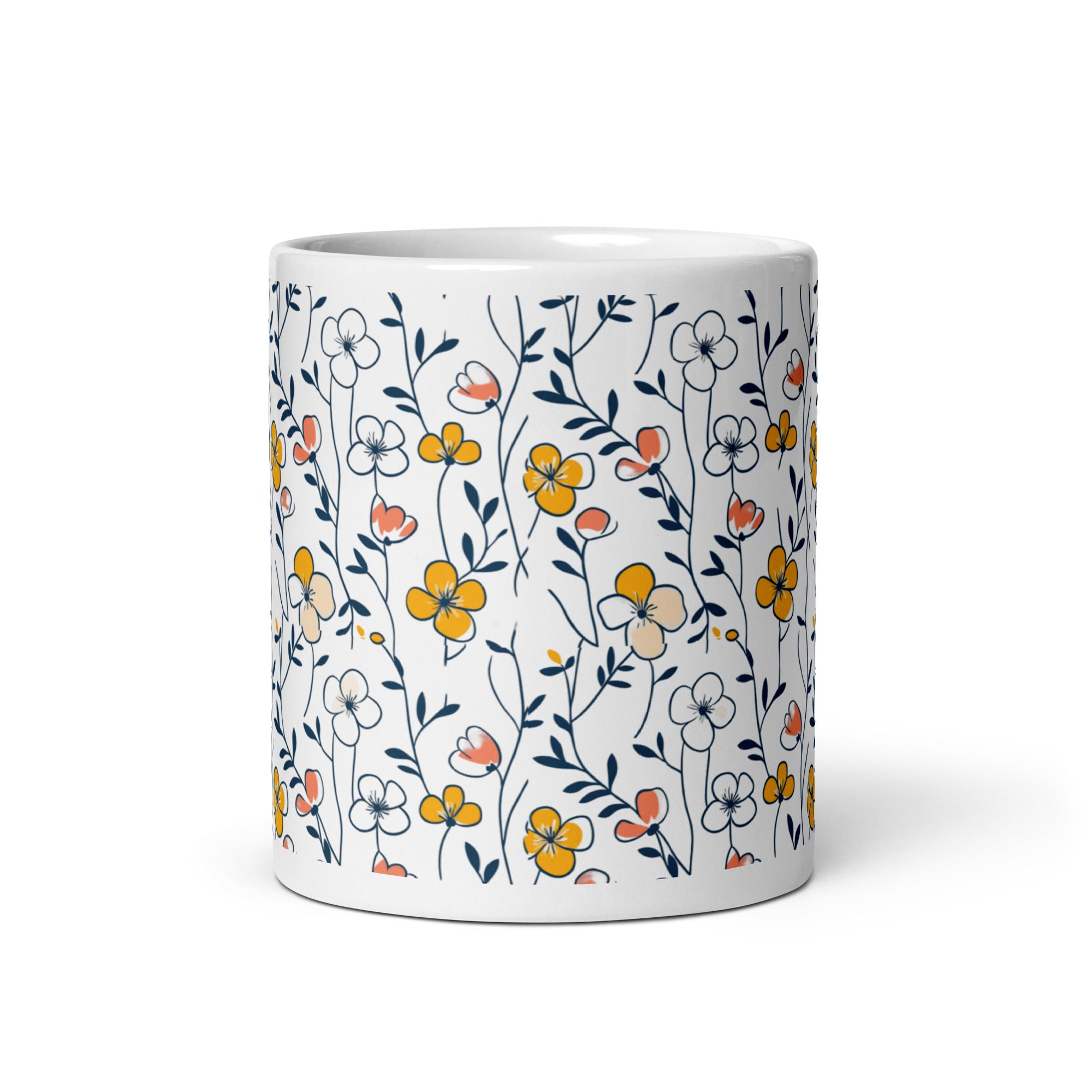 Side view, floral meadow mug, yellow and pink wildflowers, gift idea