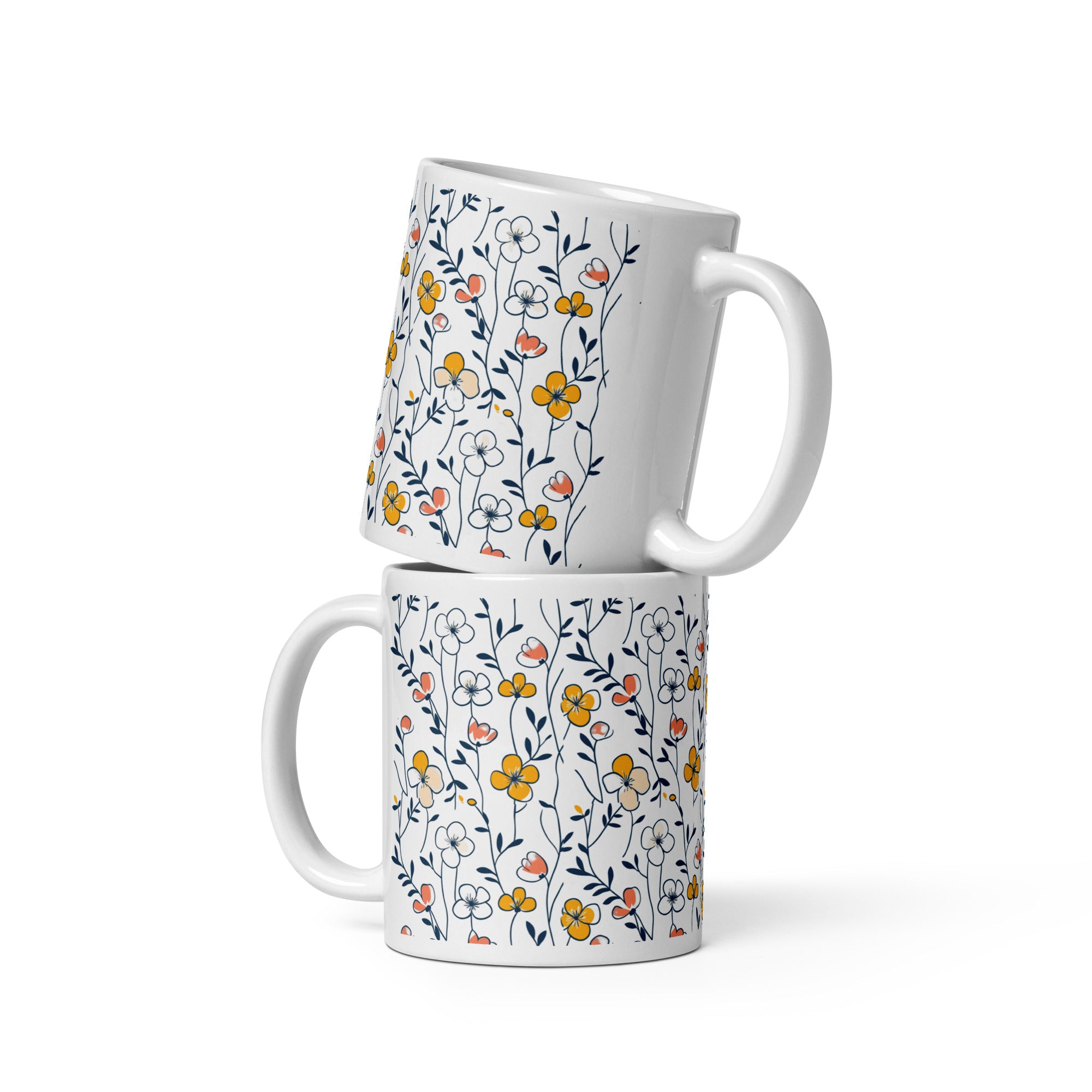 Side view, floral meadow mug, yellow and pink wildflowers, gift idea