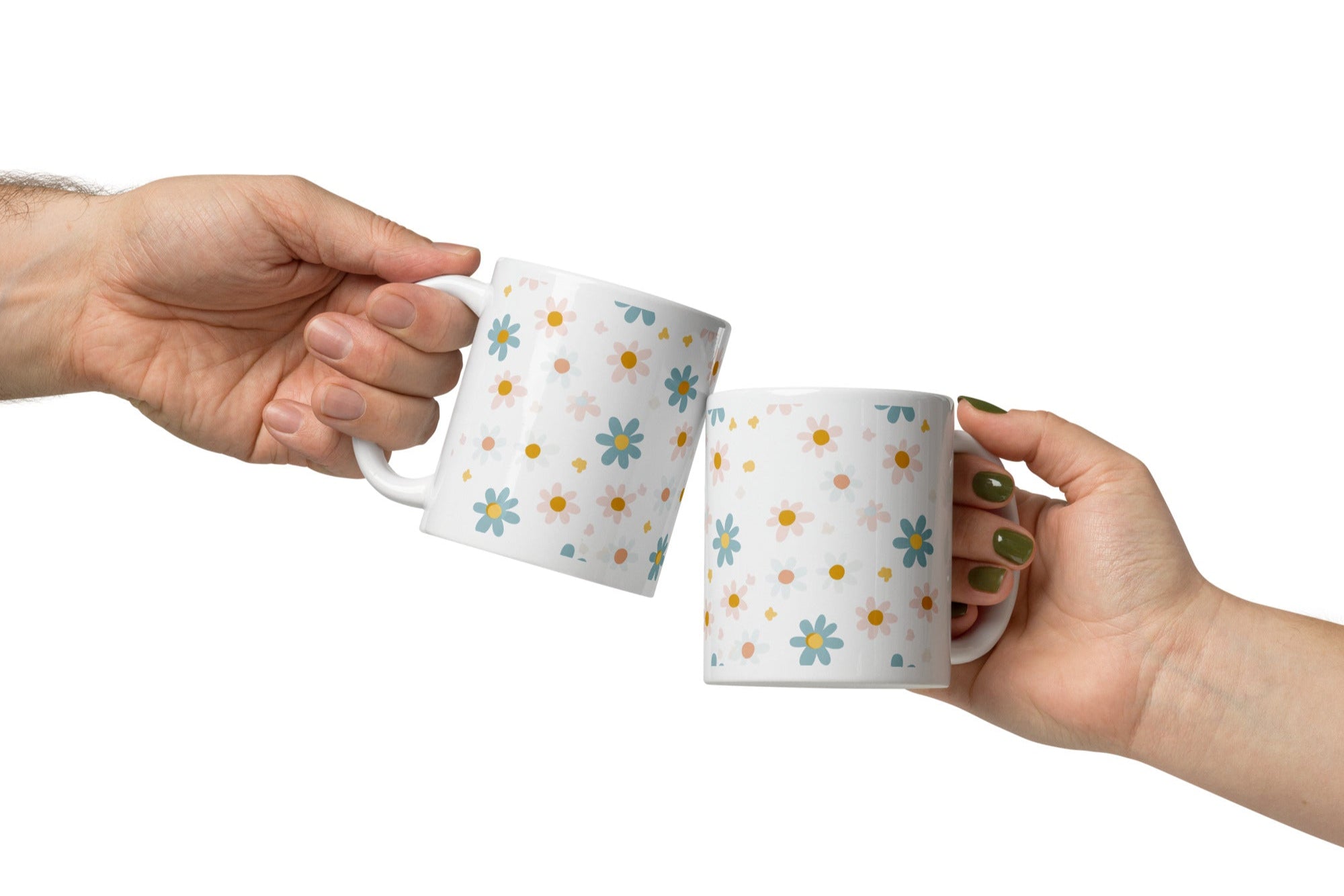 Side view, pastel daisy mug, minimalist floral coffee cup