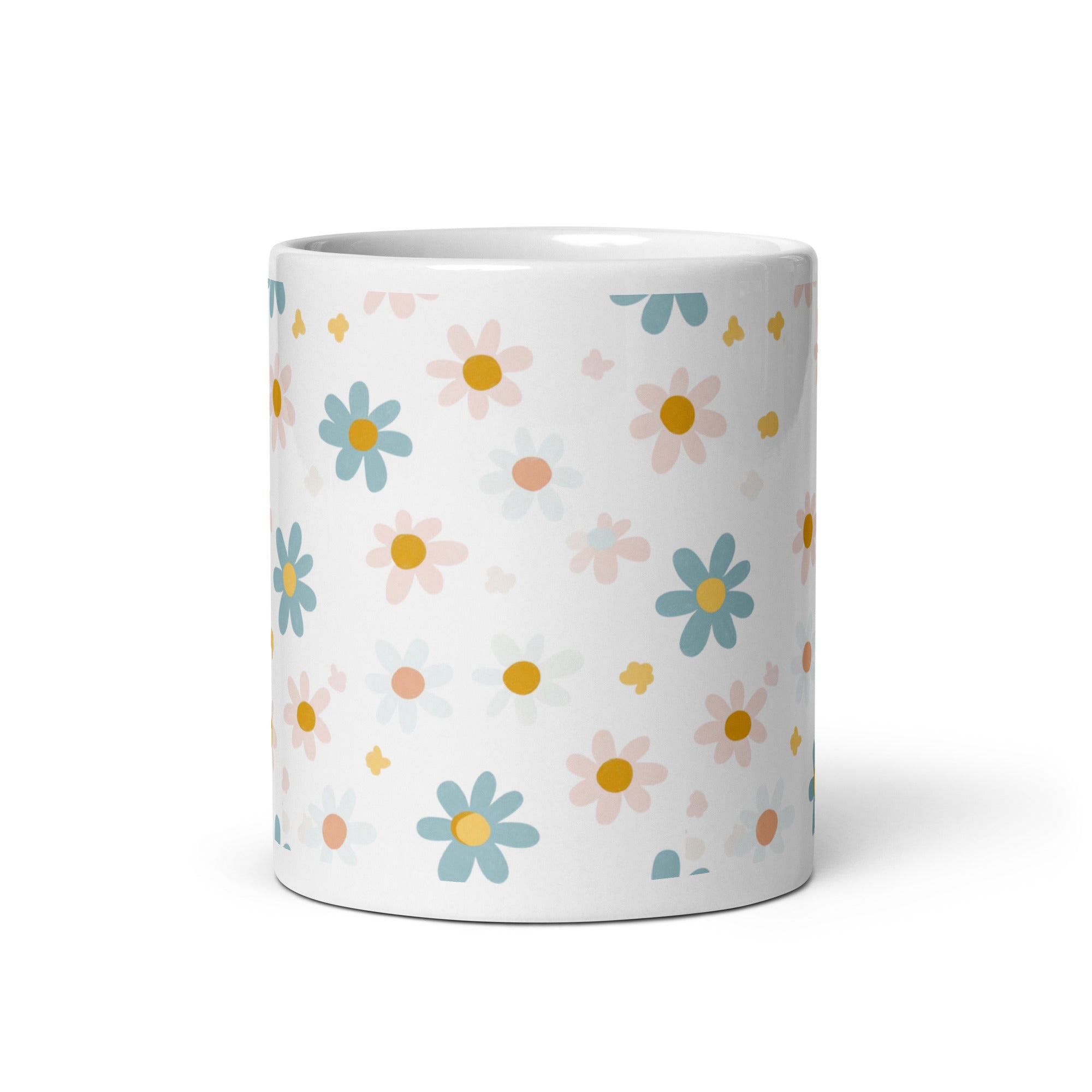 Side view, pastel daisy mug, minimalist floral coffee cup
