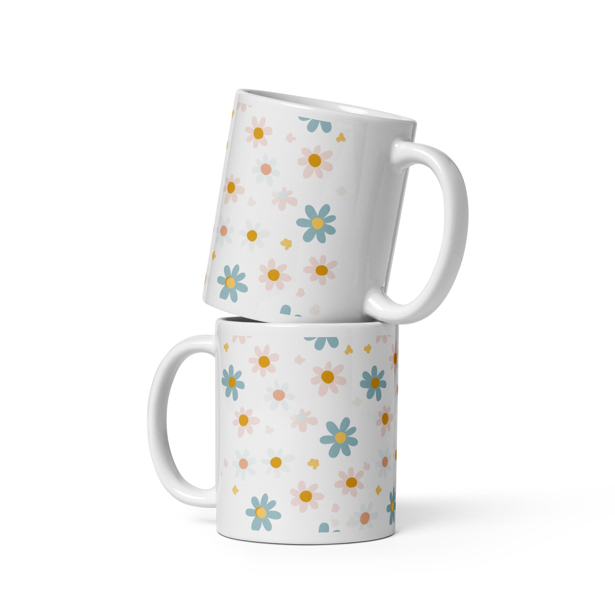 Side view, pastel daisy mug, minimalist floral coffee cup