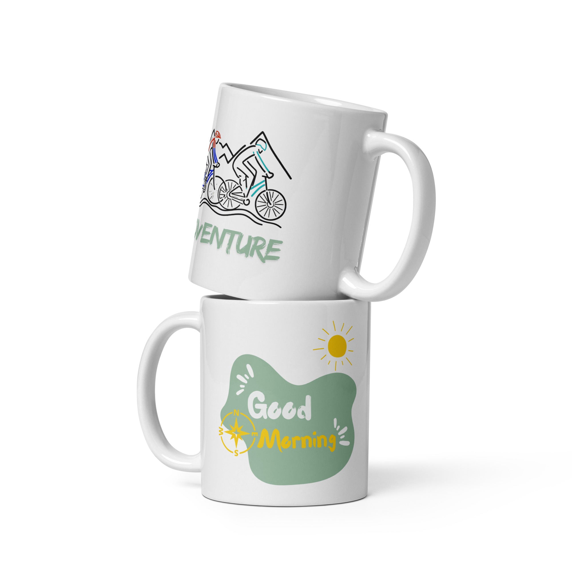 Ceramic adventure mug with mountain bike and Good Morning compass design – 11oz outdoor lifestyle coffee cup for cyclists
