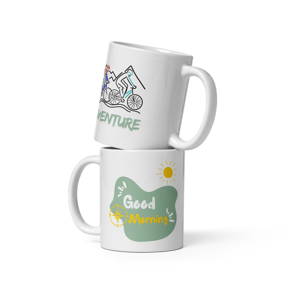 Adventure Cycling Ceramic Coffee Mug, 11 oz Double-Sided Mug with Mountain and Compass Design, Dishwasher and Microwave Safe Ceramic Mug for Cyclists and Outdoor Enthusiasts, Inspired by Nature