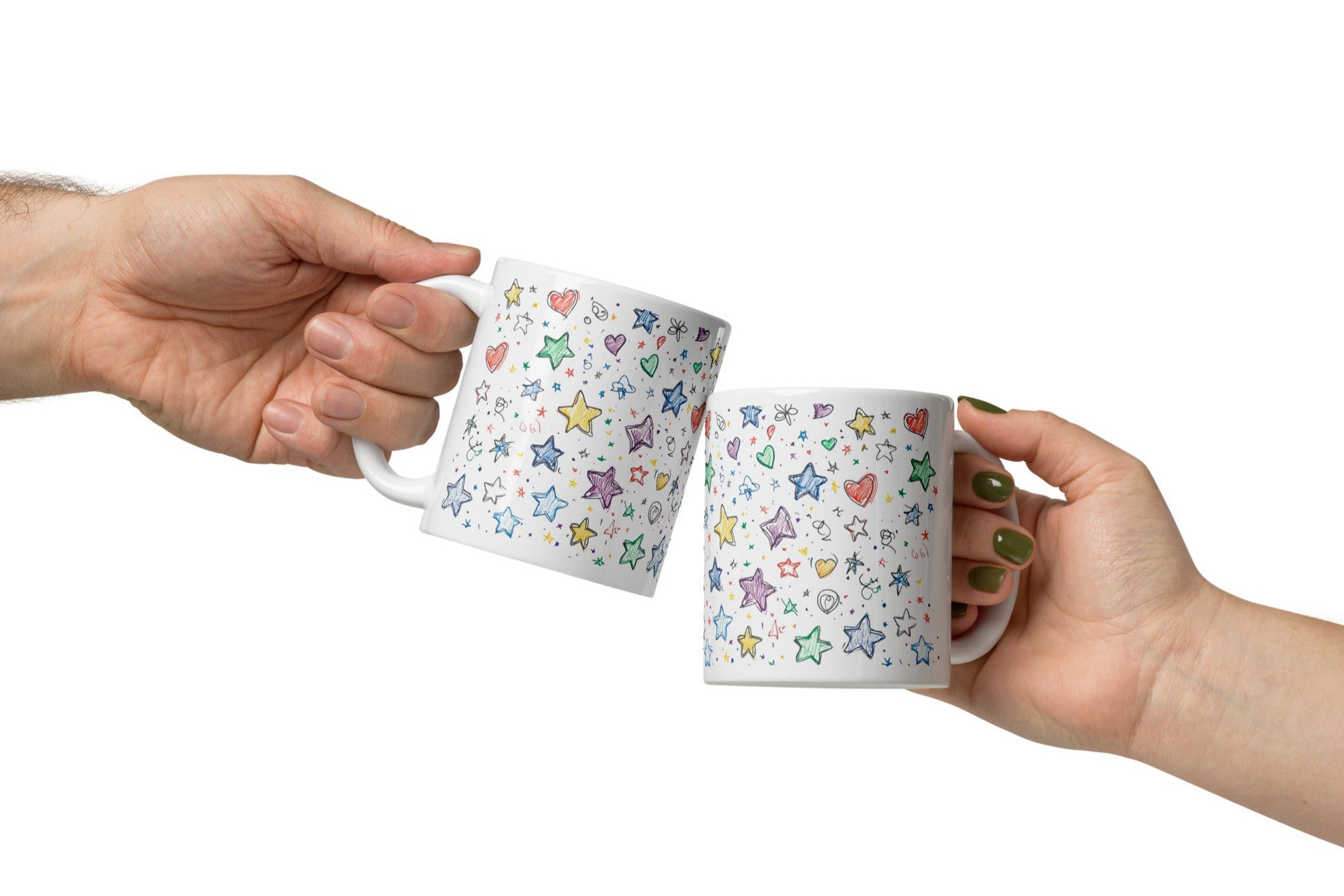 A set of two ceramic coffee mugs with colorful full-wrap designs of stars and hearts on a light background.