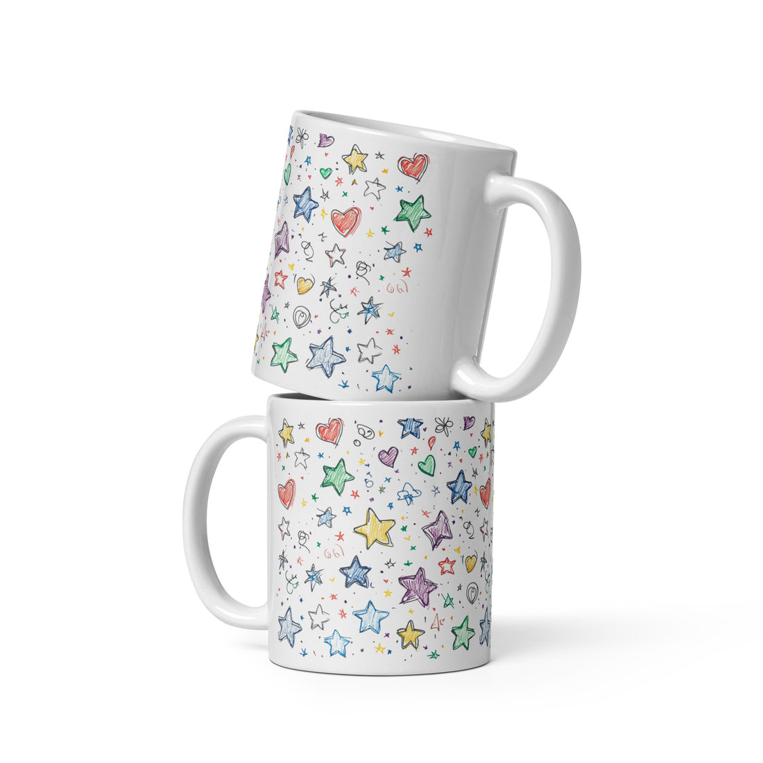 Playful Stars and Hearts Ceramic Coffee Mug, 11 oz Full-Wrap Colorful Sketch Design, Dishwasher and Microwave Safe Mug for Whimsy and Creativity, Inspired by Nature