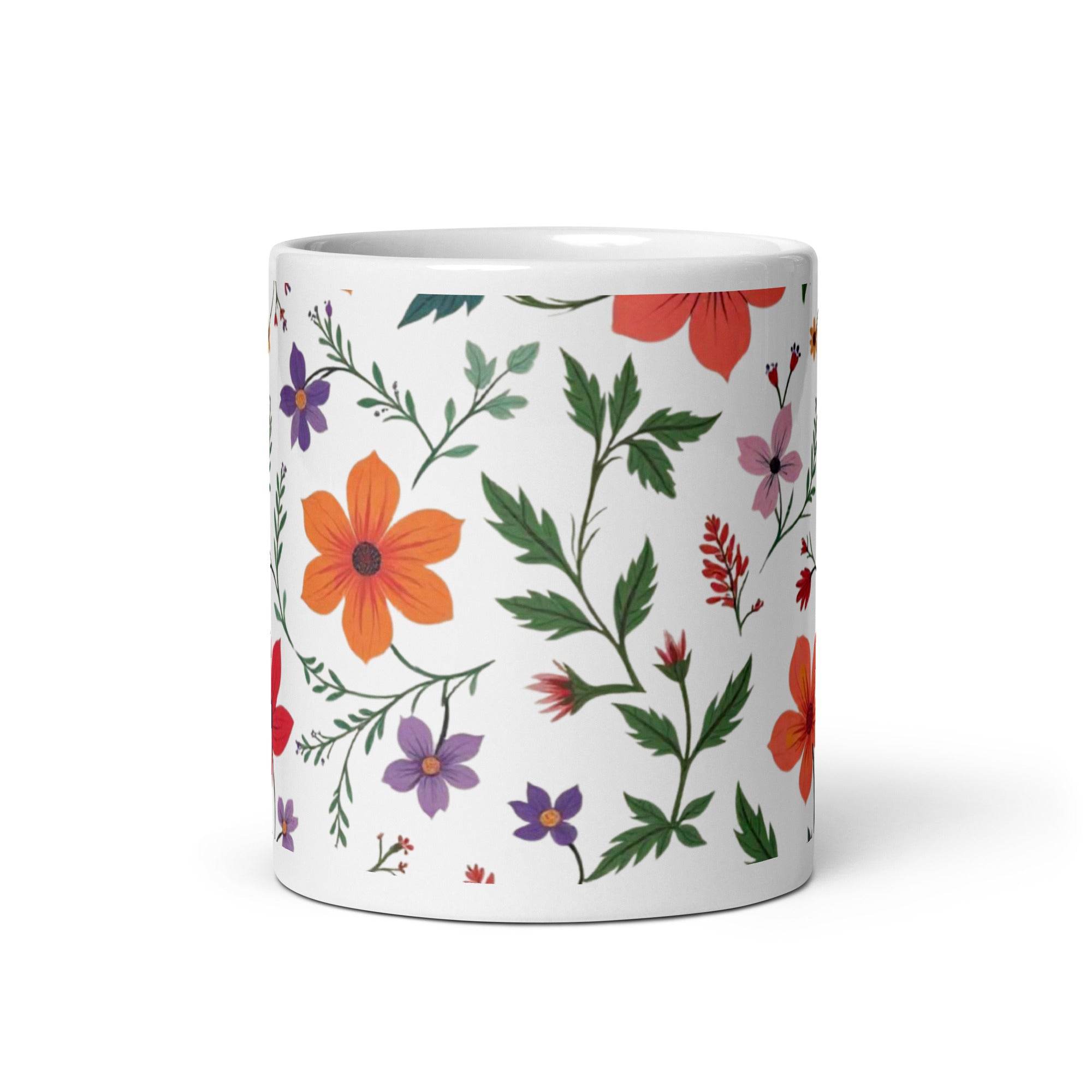 Romantic Floral Mug 11oz with colourful botanical flower pattern, ceramic coffee cup gift for women and nature lovers
