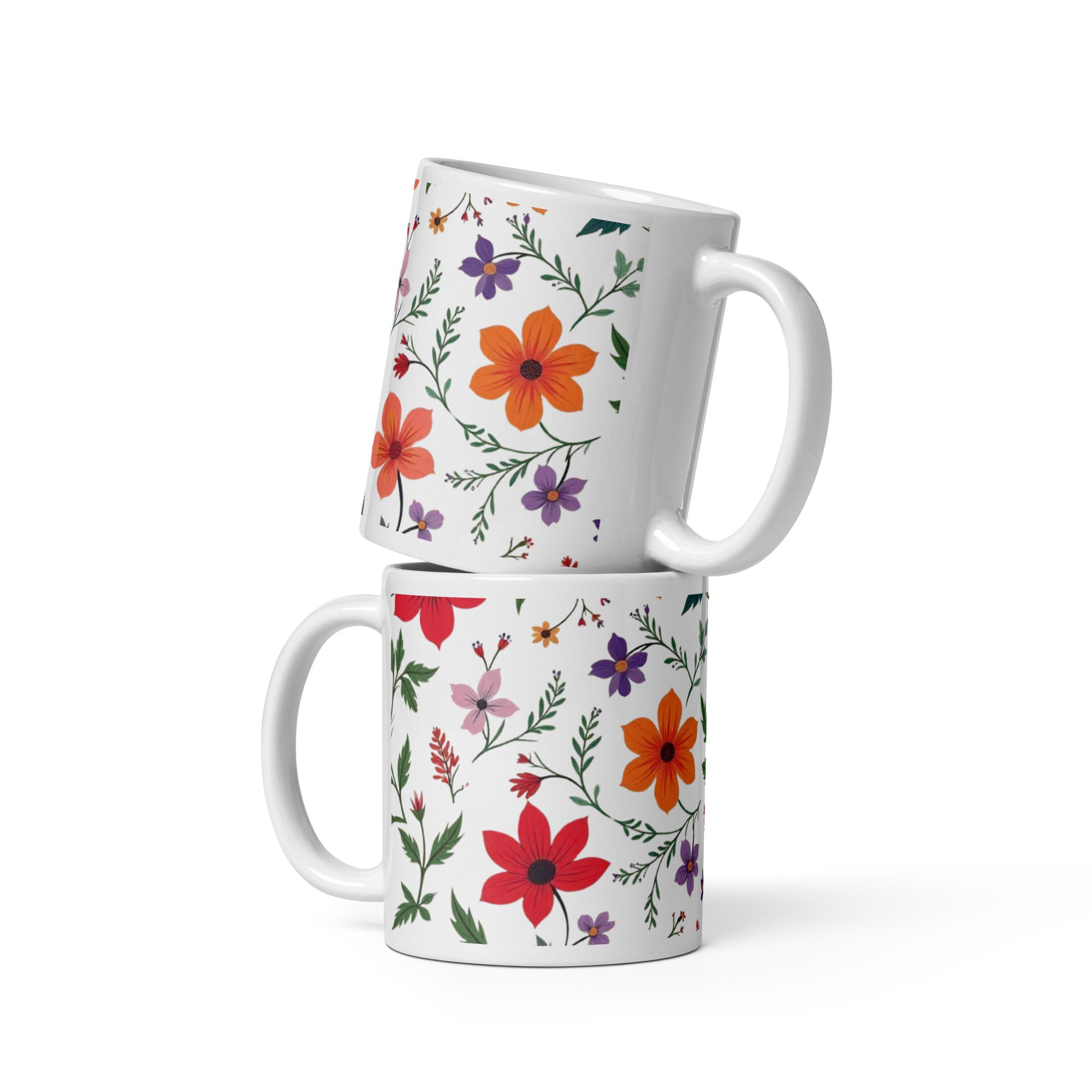 Romantic Floral Mug 11oz with colourful botanical flower pattern, ceramic coffee cup gift for women and nature lovers
