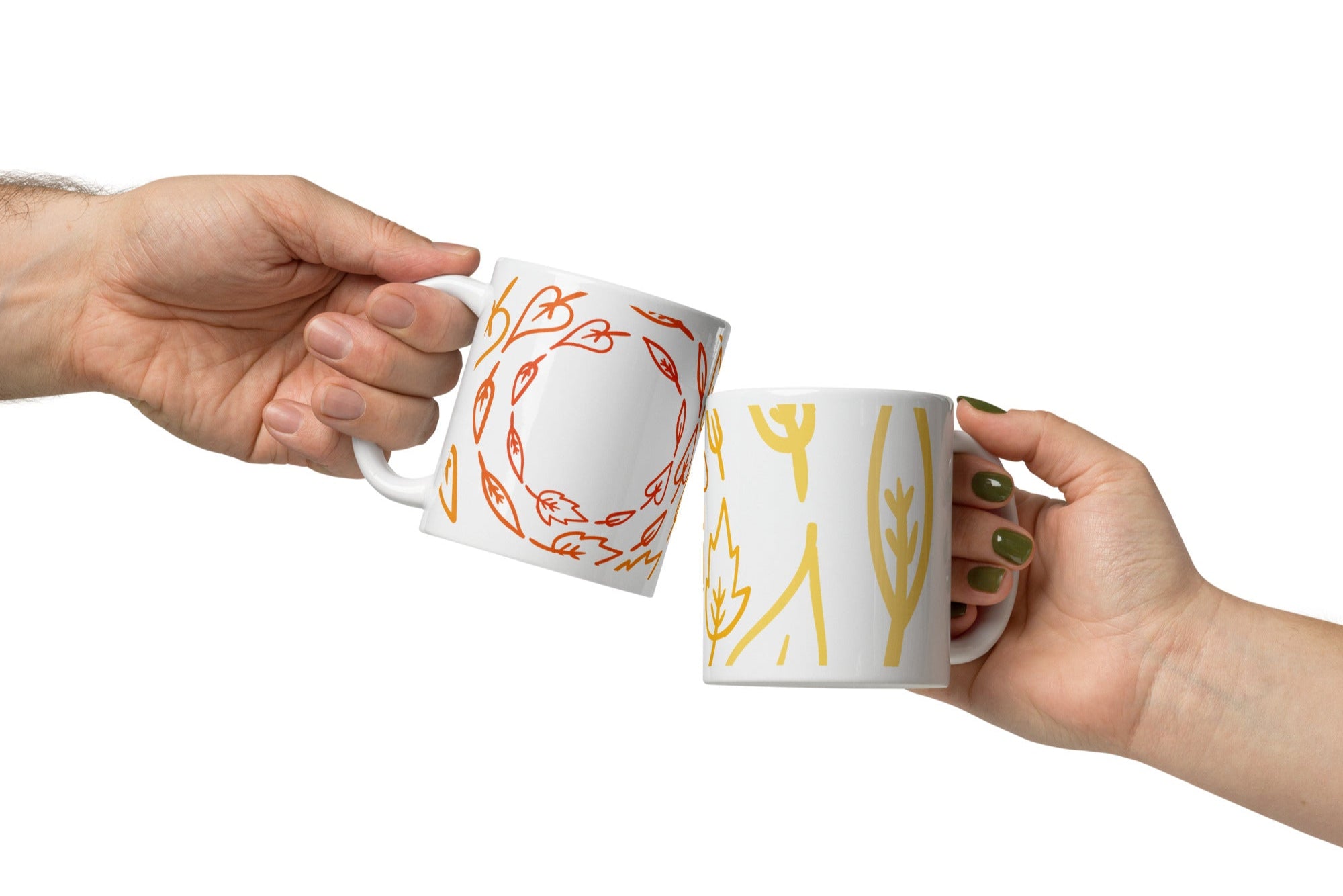 White ceramic mug with botanical handle detail