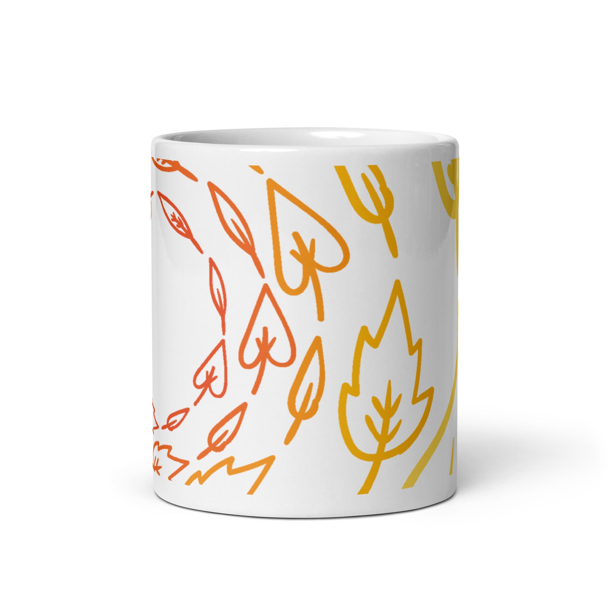 White ceramic mug with botanical handle detail