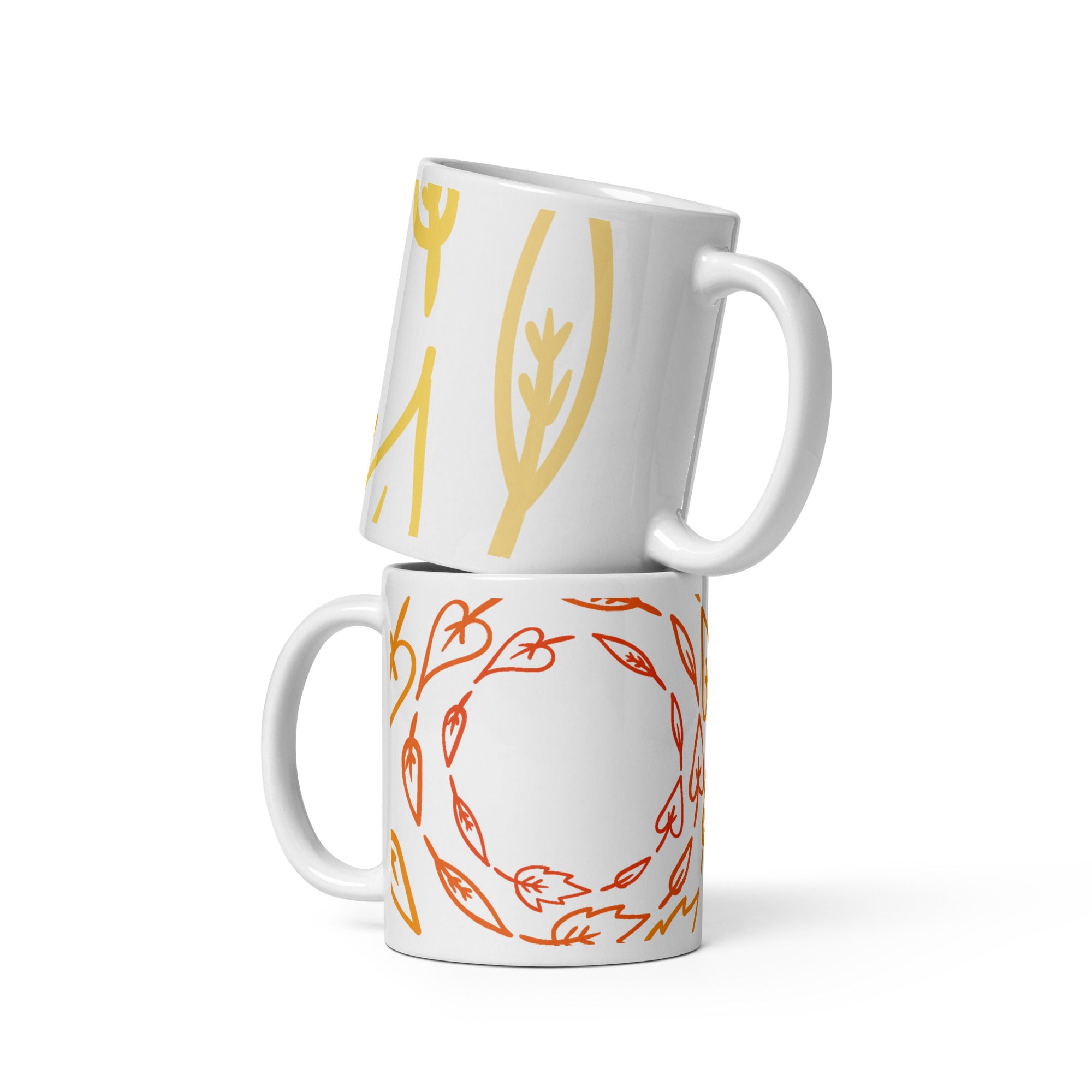 White ceramic mug with botanical handle detail