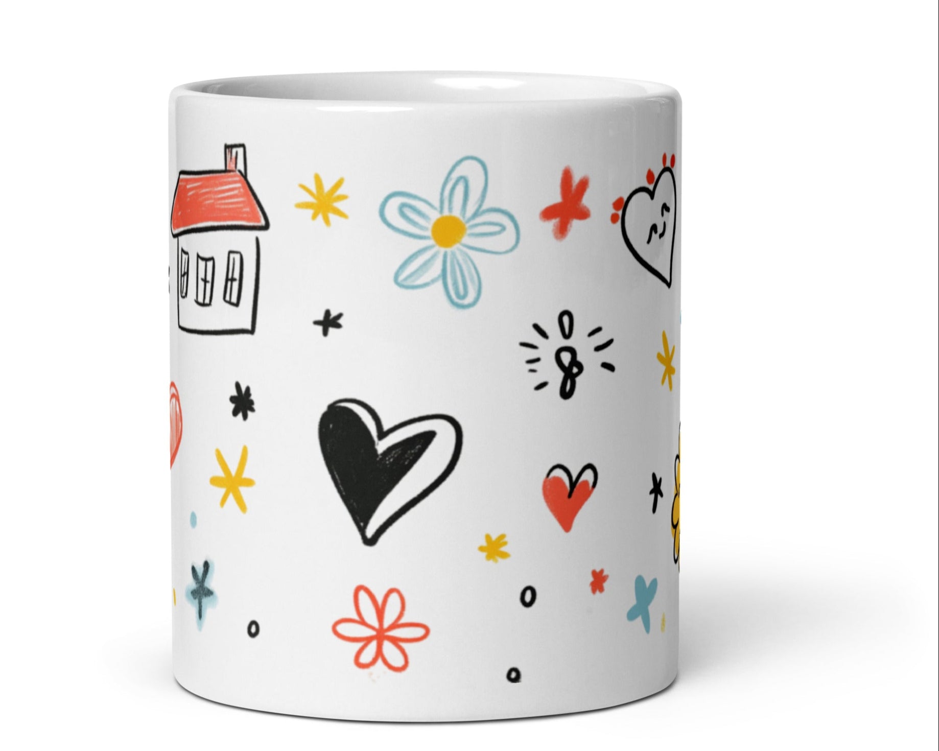Sunny Doodle Mug 11oz – Yellow Star & Smiley Flower Cute Ceramic Coffee Cup Gift