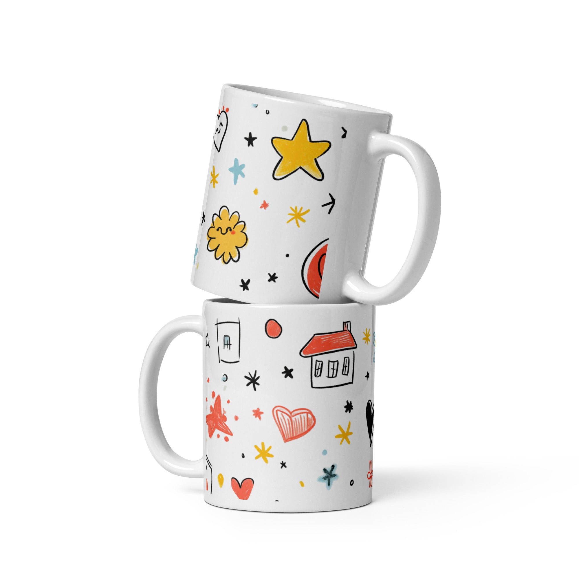 Sunny Doodle Mug boxed for gift, yellow star design, ceramic