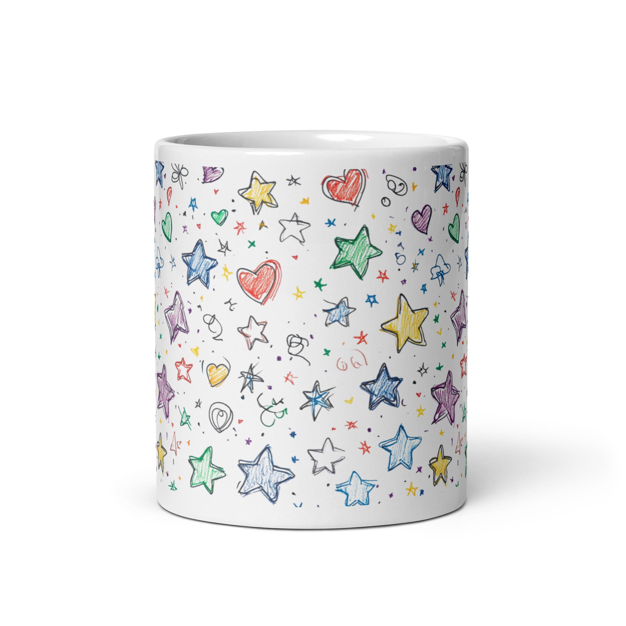 Side view Star Magic Mug with pastel orange pink stars, 11oz ceramic