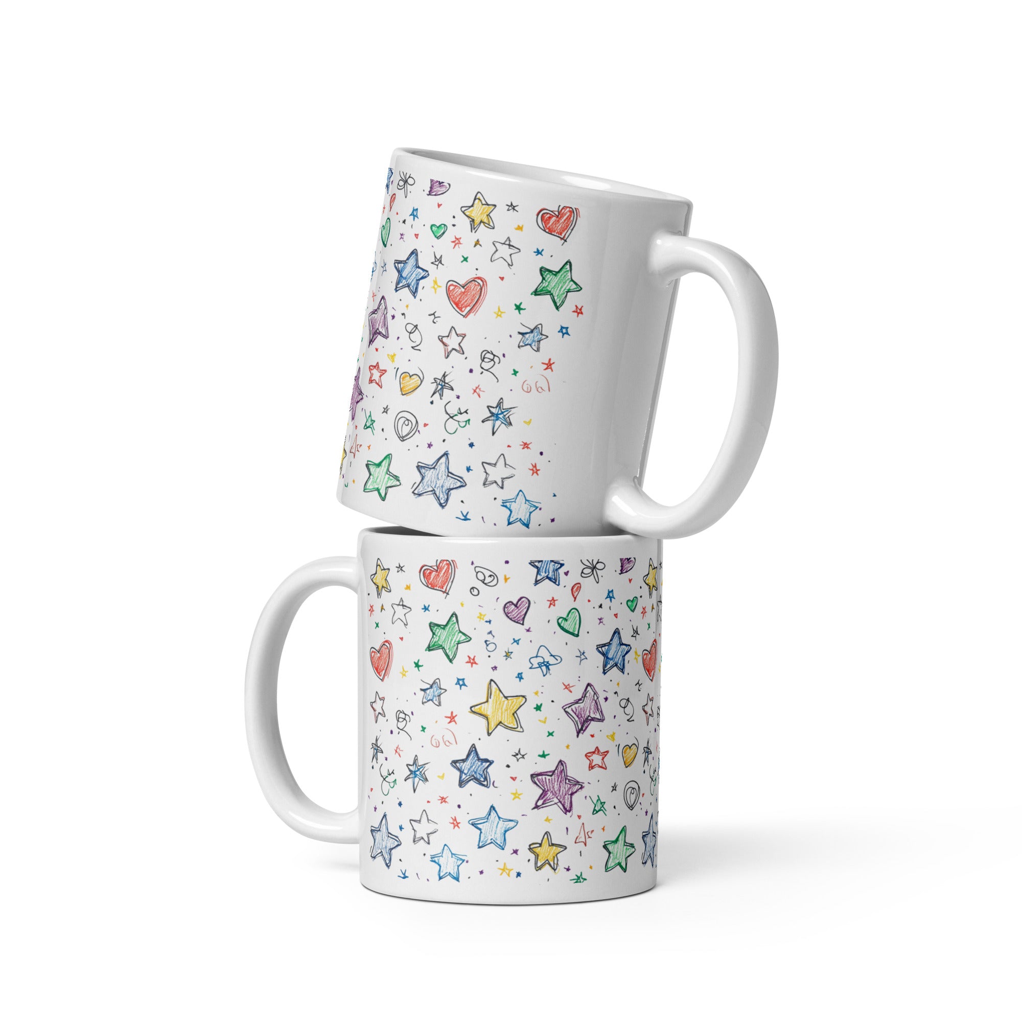 Side view Star Magic Mug with pastel orange pink stars, 11oz ceramic