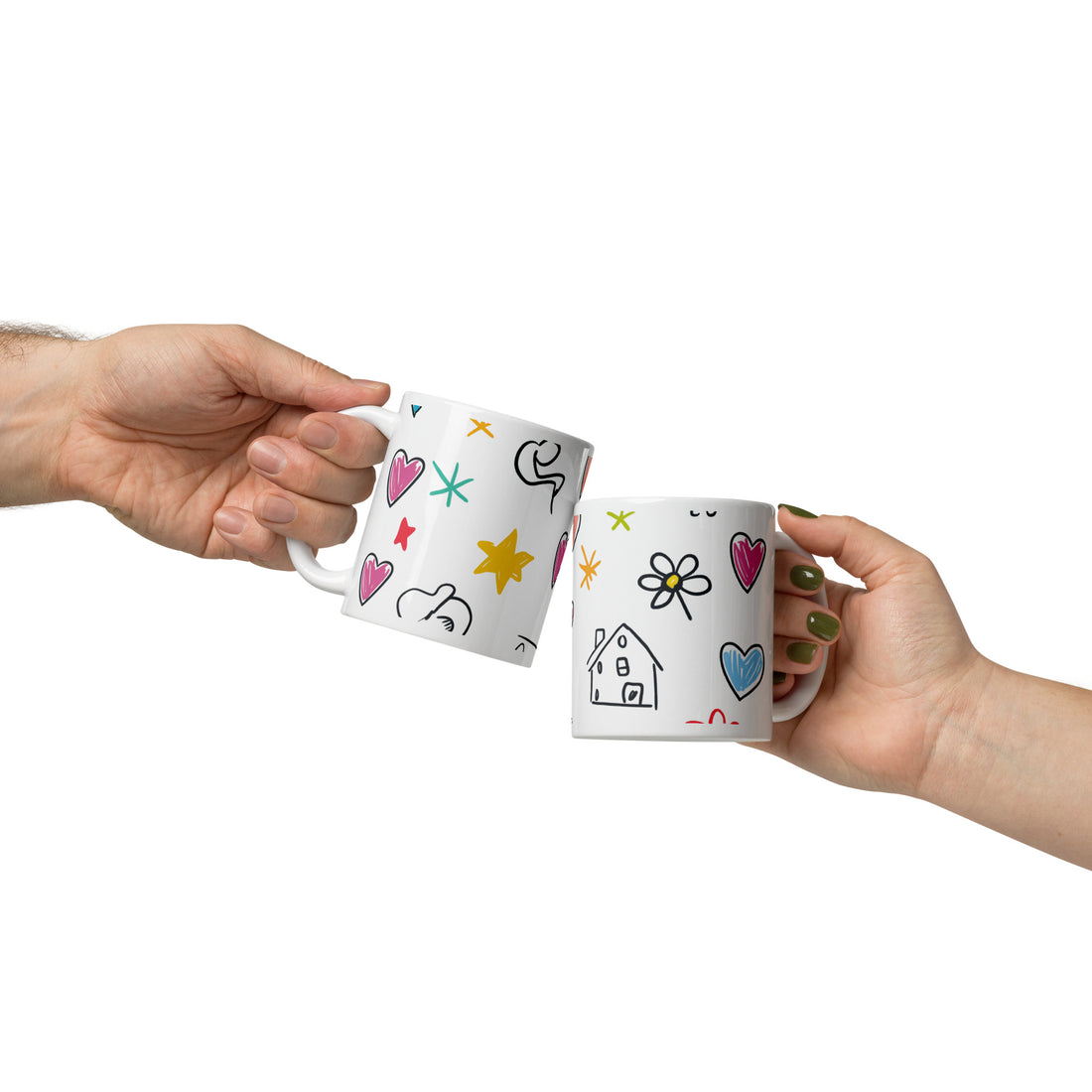 Whimsical Hearts and Stars Doodle Mug - 325ml (11oz) White Ceramic Coffee Cup with Playful Sketch Design, Perfect Gift for Dreamers
