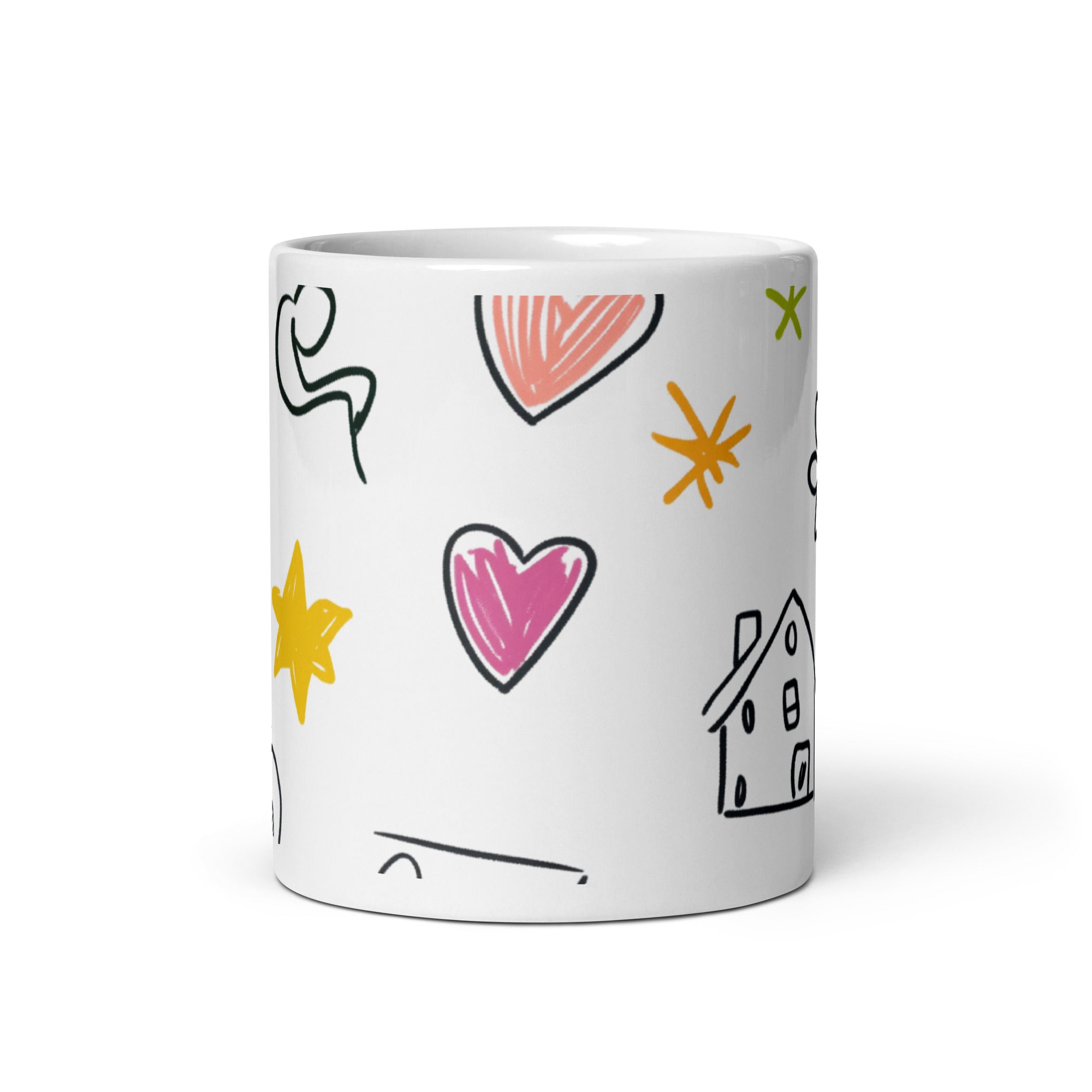 White mug with colorful abstract designs on a white background