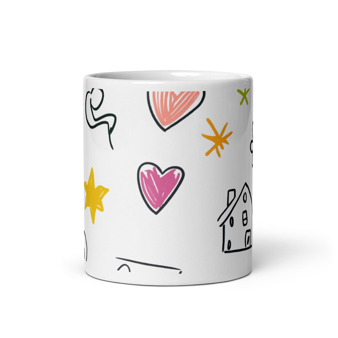 Whimsical Hearts and Stars Doodle Mug - 325ml (11oz) White Ceramic Coffee Cup with Playful Sketch Design, Perfect Gift for Dreamers