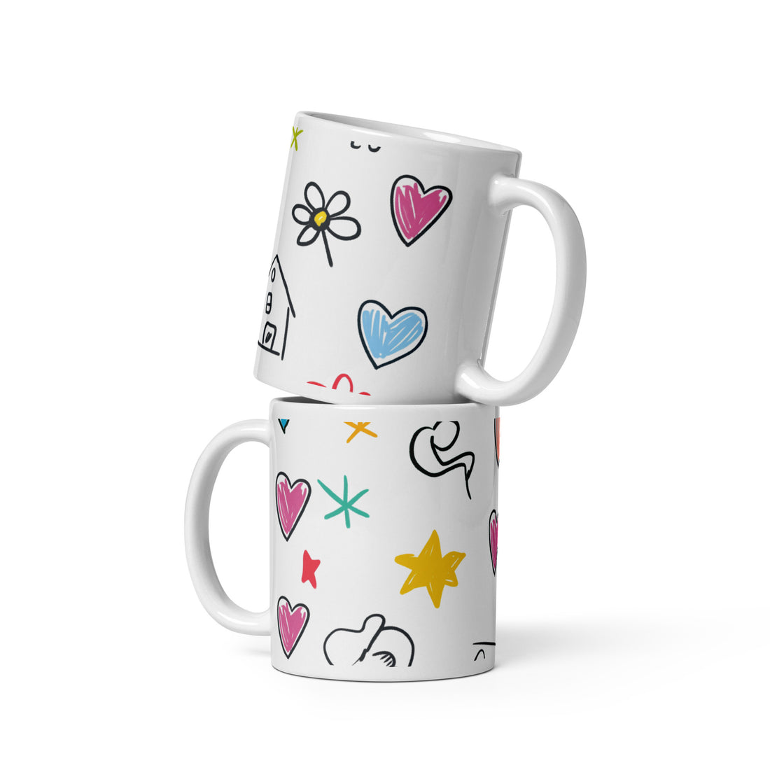 Whimsical Hearts and Stars Doodle Mug - 325ml (11oz) White Ceramic Coffee Cup with Playful Sketch Design, Perfect Gift for Dreamers