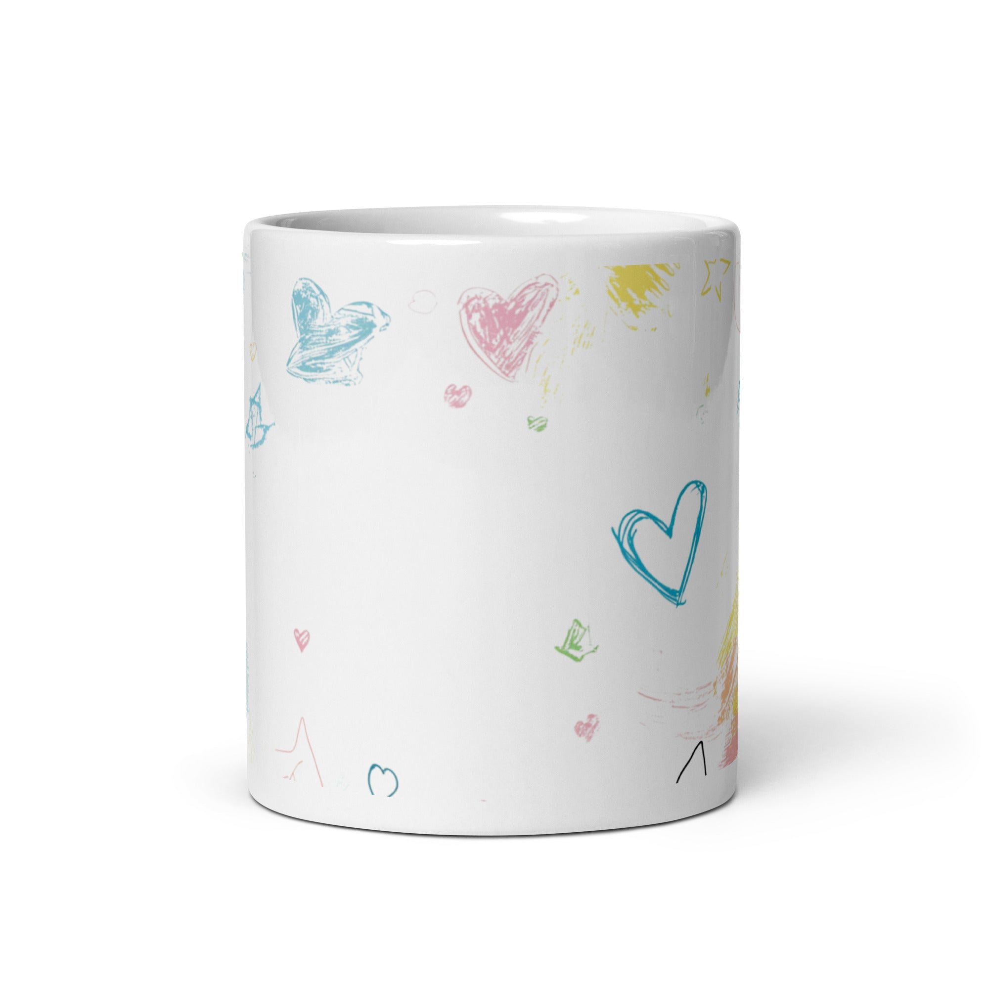 White mug with colorful heart and butterfly patterns on a white background