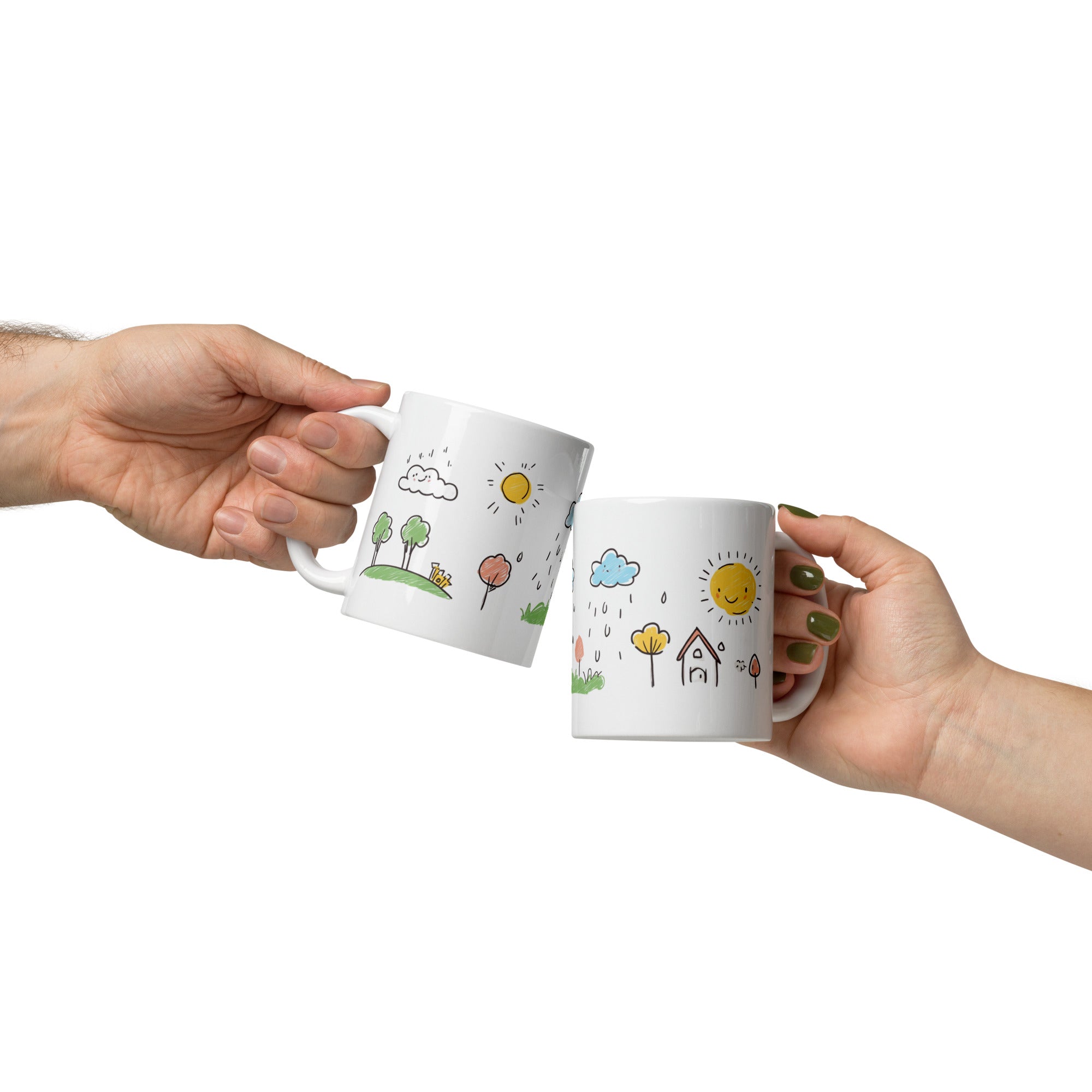 Child’s hands holding kids mug, colorful sun and cloud art
