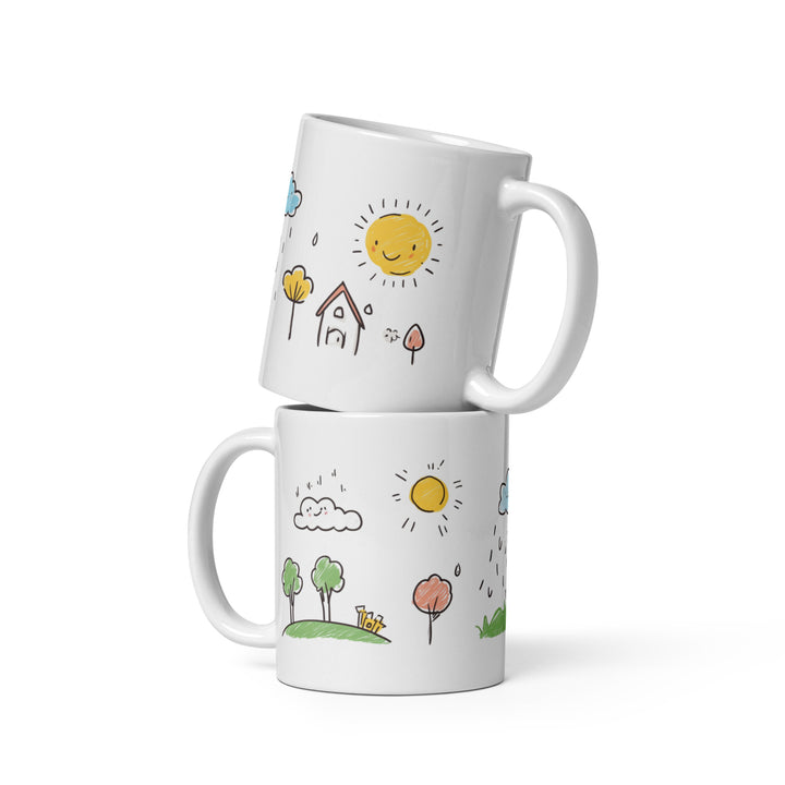 🌞 “Sunny Doodles of Joy” 325ml (11oz) White Ceramic Coffee Mug – Cheerful Hand-Drawn Sun, Cloud, and Nature Sketches – Whimsical Gift for Dreamers, Nature Lovers, and Coffee Enthusiasts 🌳✨