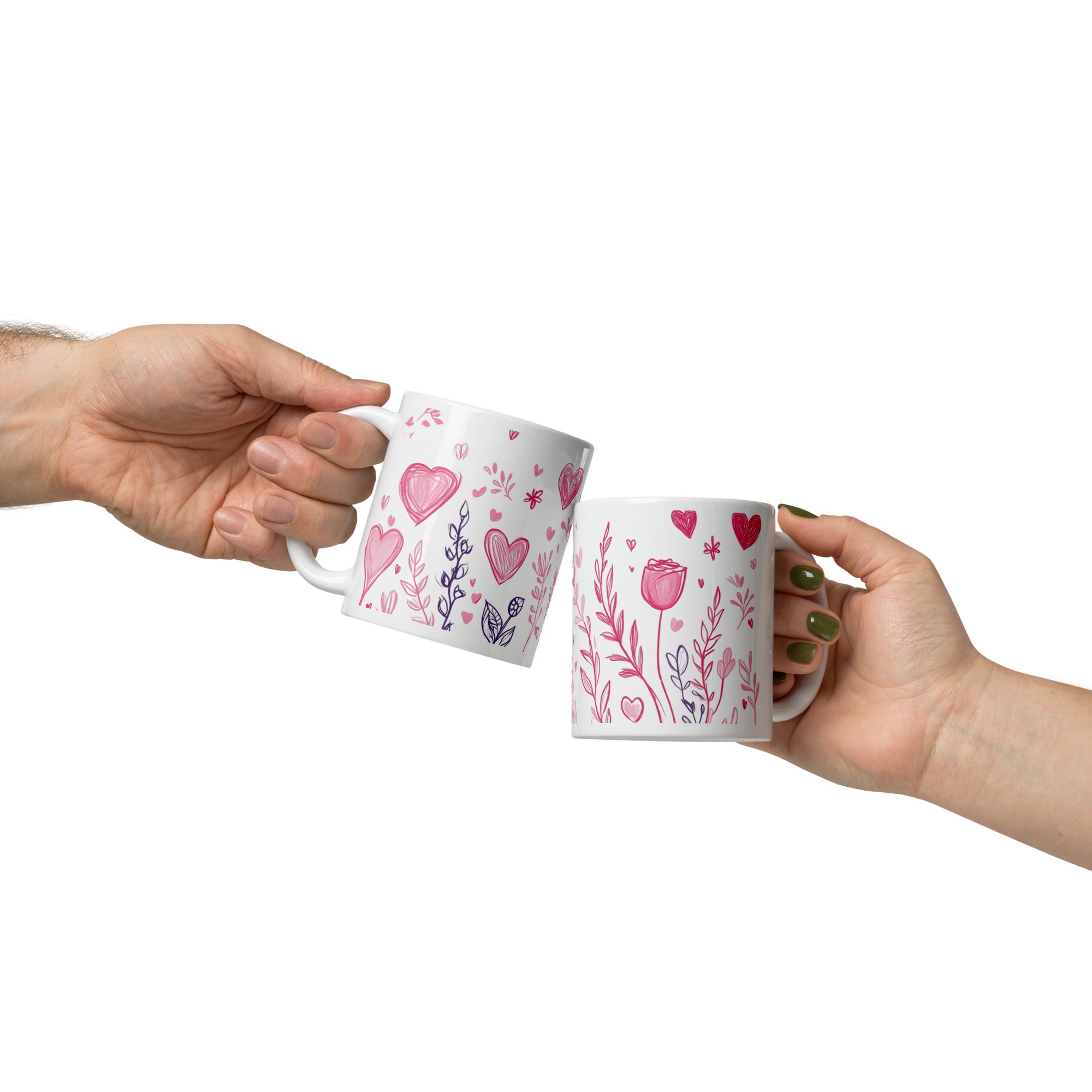 Heart & Flowers Romantic Ceramic Mug 11oz - Pink Hearts & Floral Gift Cup