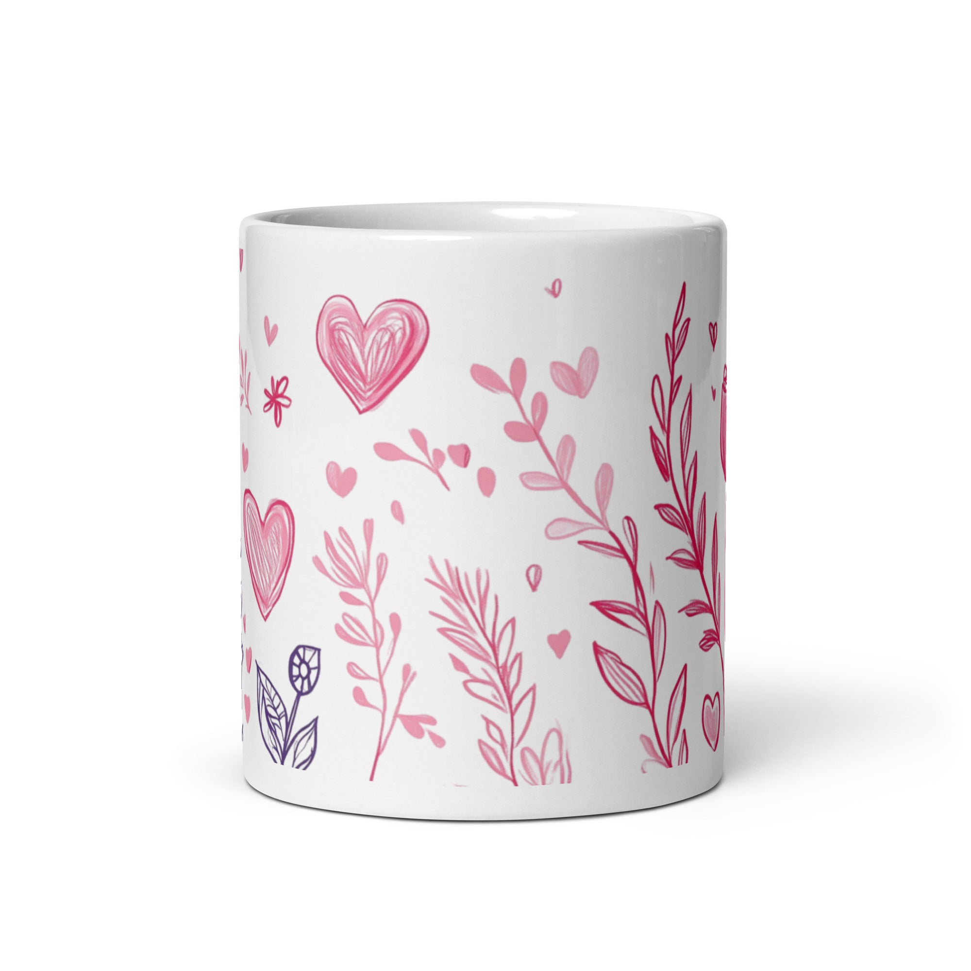 Heart & Flowers Romantic Ceramic Mug 11oz - Pink Hearts & Floral Gift Cup