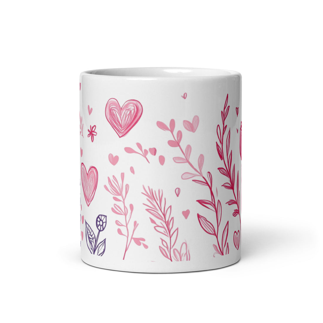 💕🌿 “Blush of Love” – 325ml (11oz) Premium White Ceramic Coffee Mug – Hand-Drawn Romantic Floral & Heart Pattern in Soft Pinks and Lavenders – Perfect Gift for Lovers, Dreamers, and Gentle Souls 🌸✨