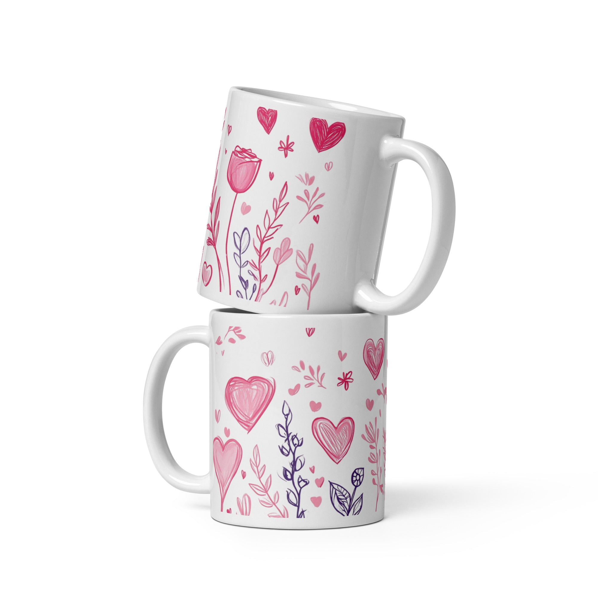 Heart & Flowers Romantic Ceramic Mug 11oz - Pink Hearts & Floral Gift Cup