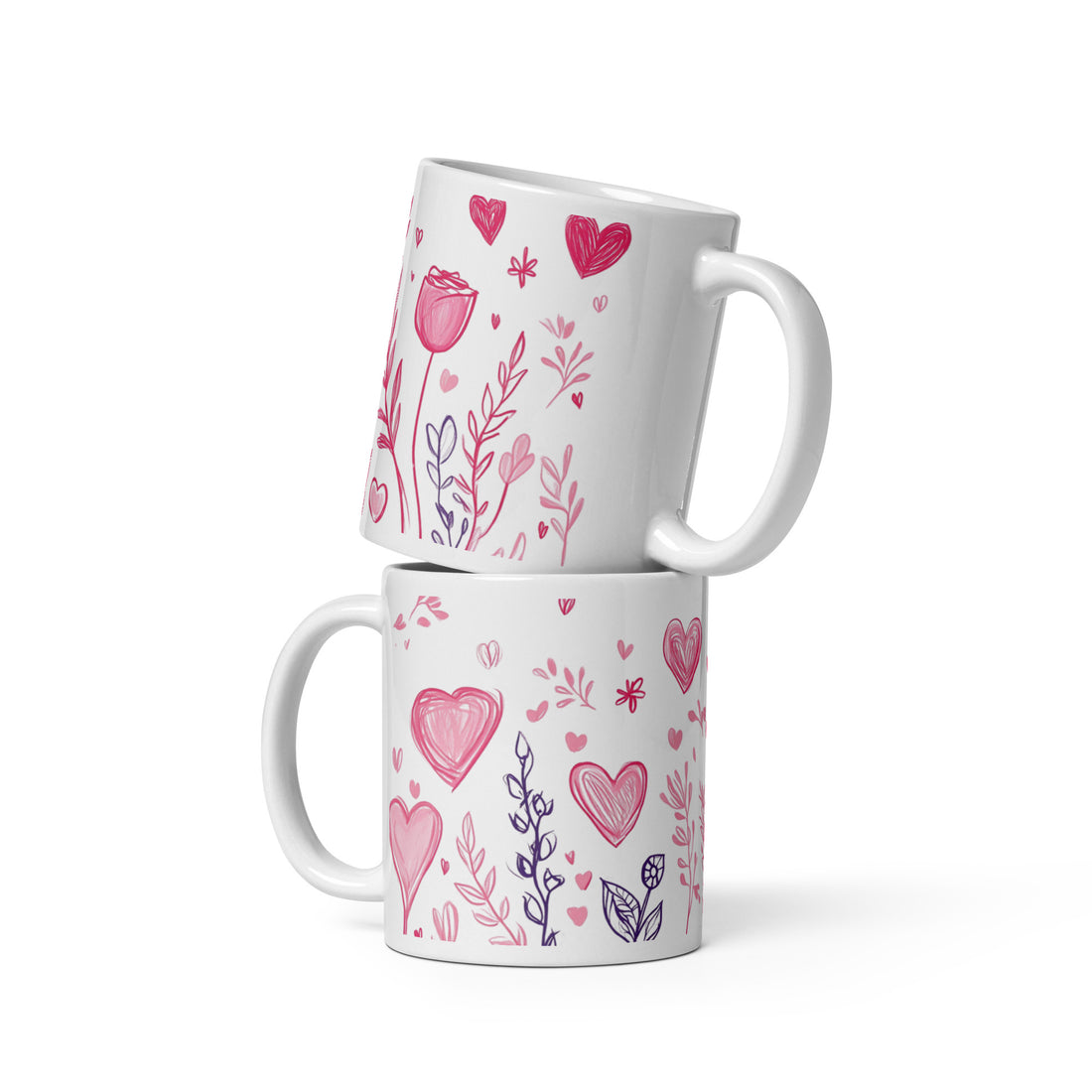 💕🌿 “Blush of Love” – 325ml (11oz) Premium White Ceramic Coffee Mug – Hand-Drawn Romantic Floral & Heart Pattern in Soft Pinks and Lavenders – Perfect Gift for Lovers, Dreamers, and Gentle Souls 🌸✨