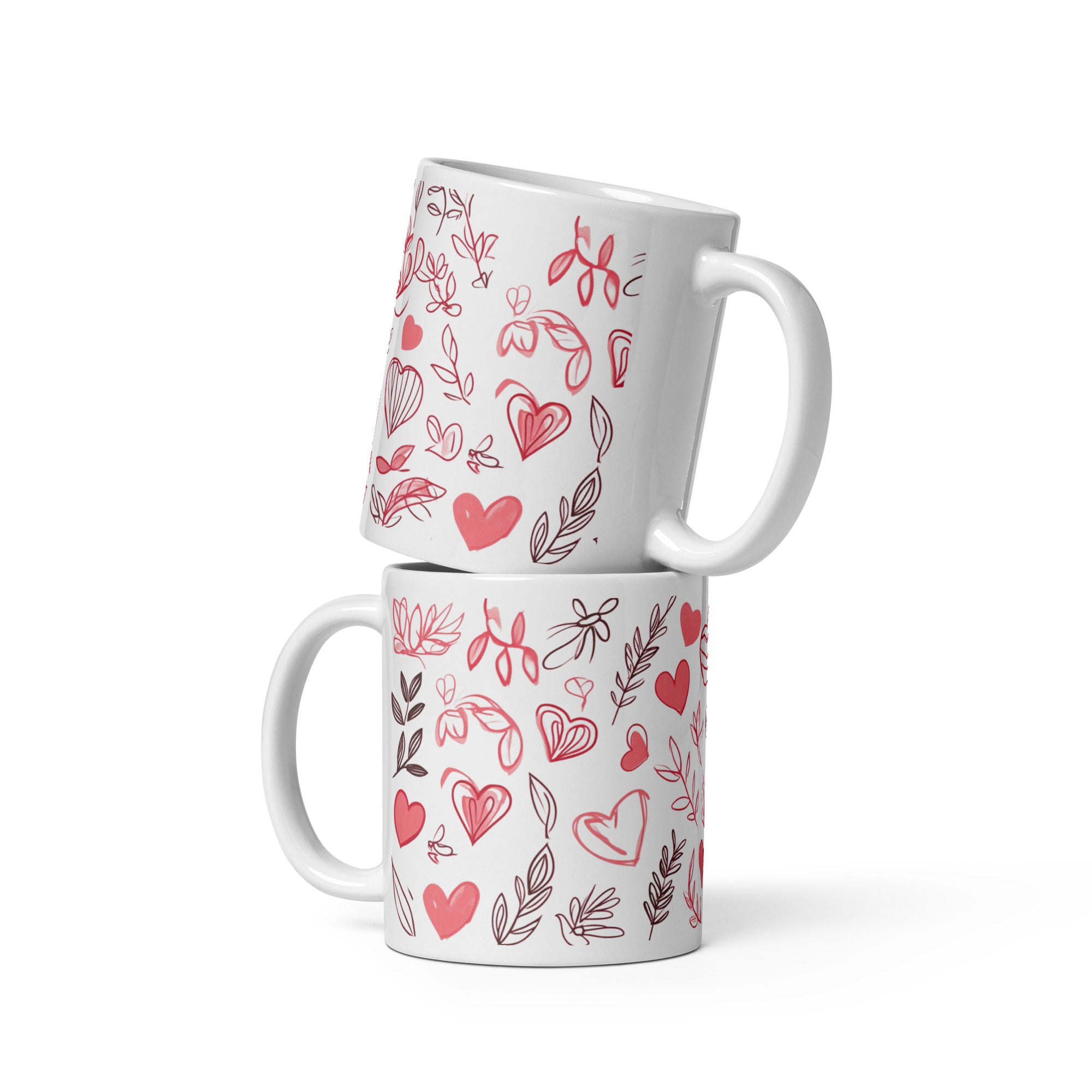 Heart Botanical Mug | Minimalist Pink Love Cup | 11oz Ceramic UK