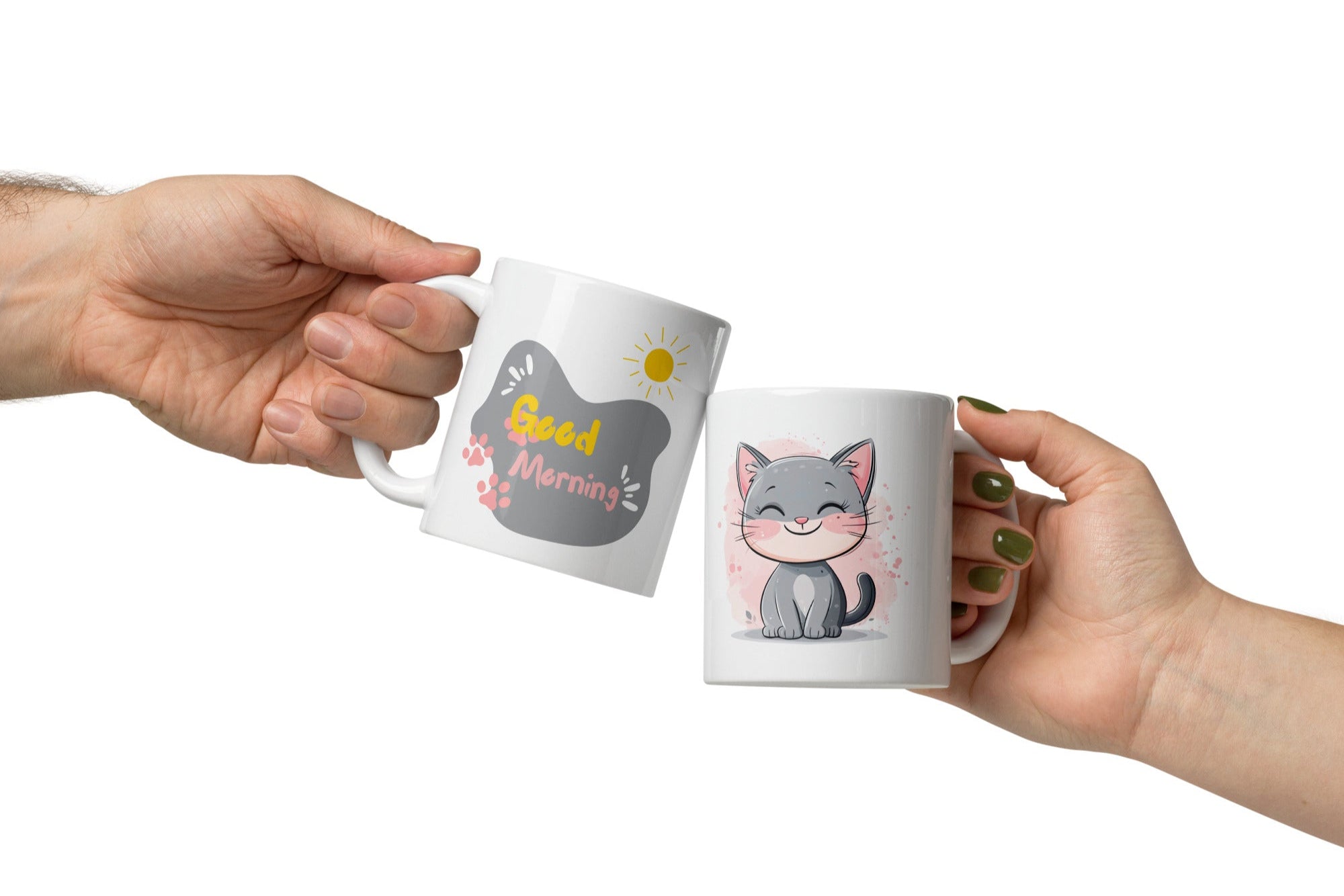 Side view, grey cat coffee cup, pastel background, 11oz