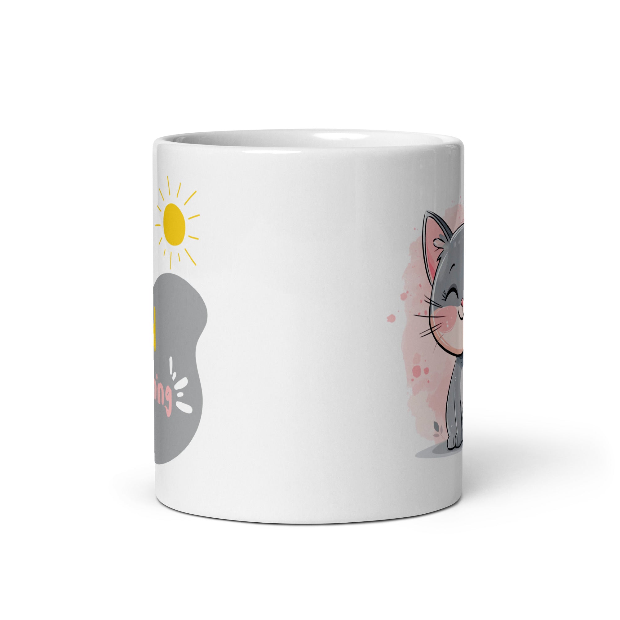 Side view, grey cat coffee cup, pastel background, 11oz