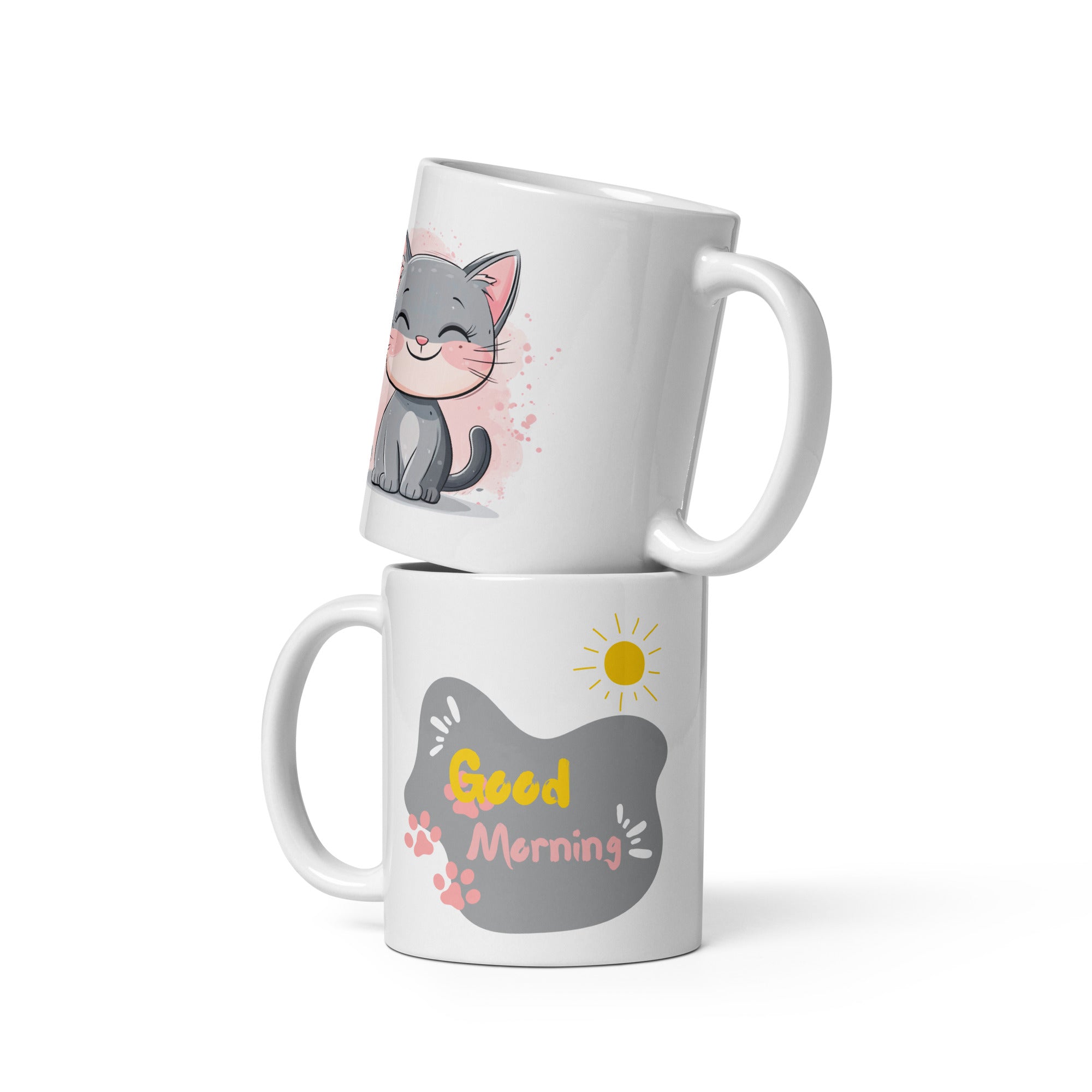 Side view, grey cat coffee cup, pastel background, 11oz