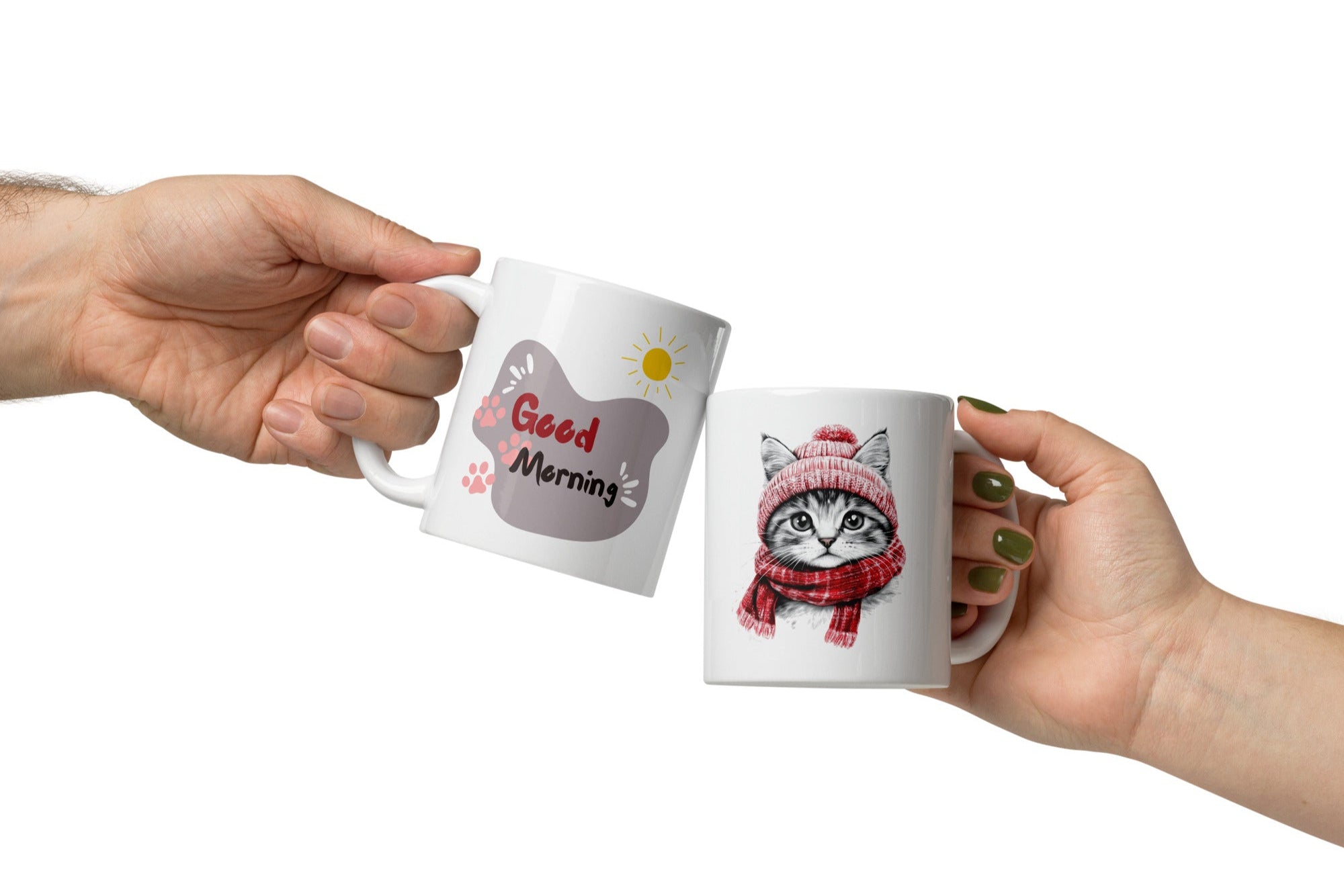 Winter Cat Mug on breakfast table, cosy morning scene with coffee