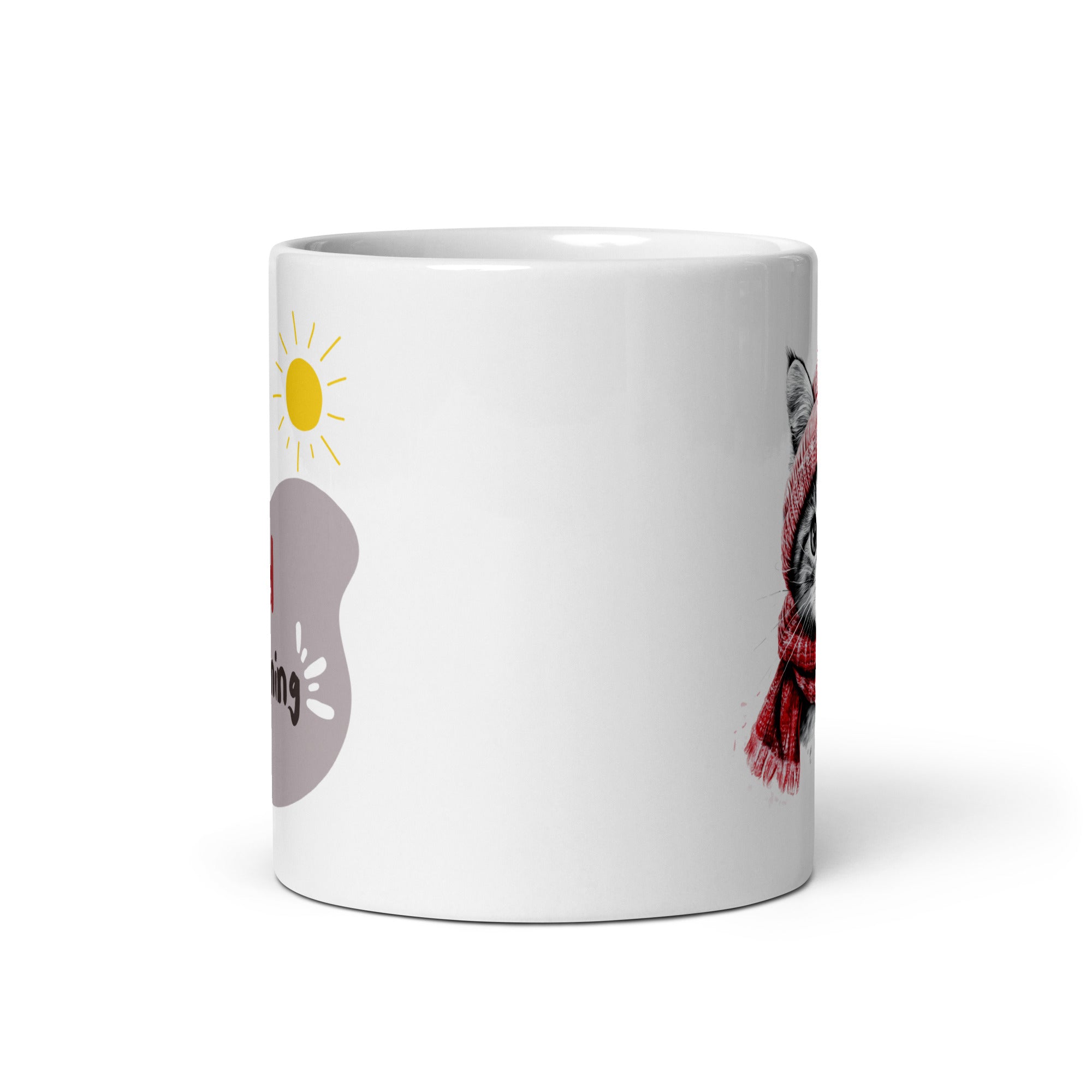 Winter Cat Mug on breakfast table, cosy morning scene with coffee