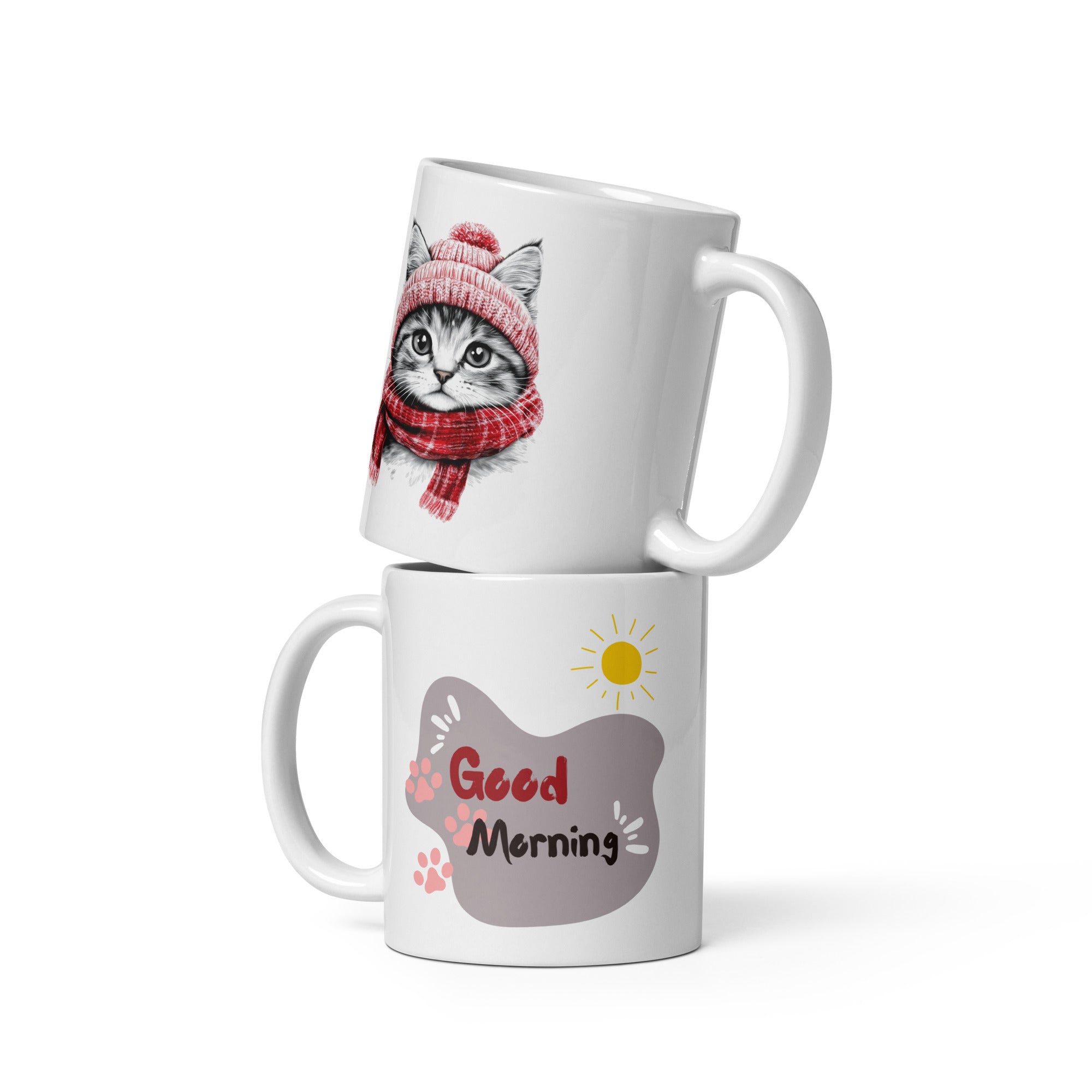 Winter Cat Mug on breakfast table, cosy morning scene with coffee