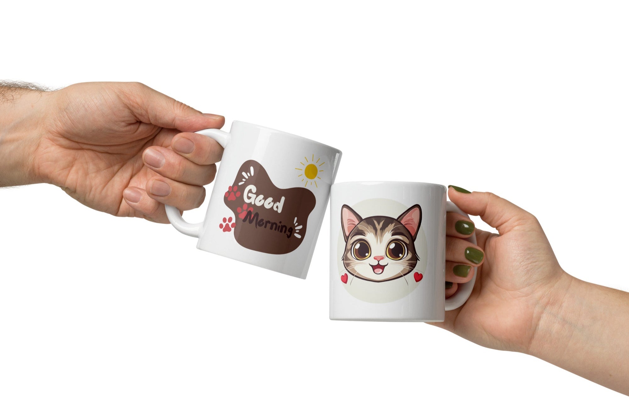 Woman enjoying breakfast with Kawaii Cat Mug, cute coffee cup