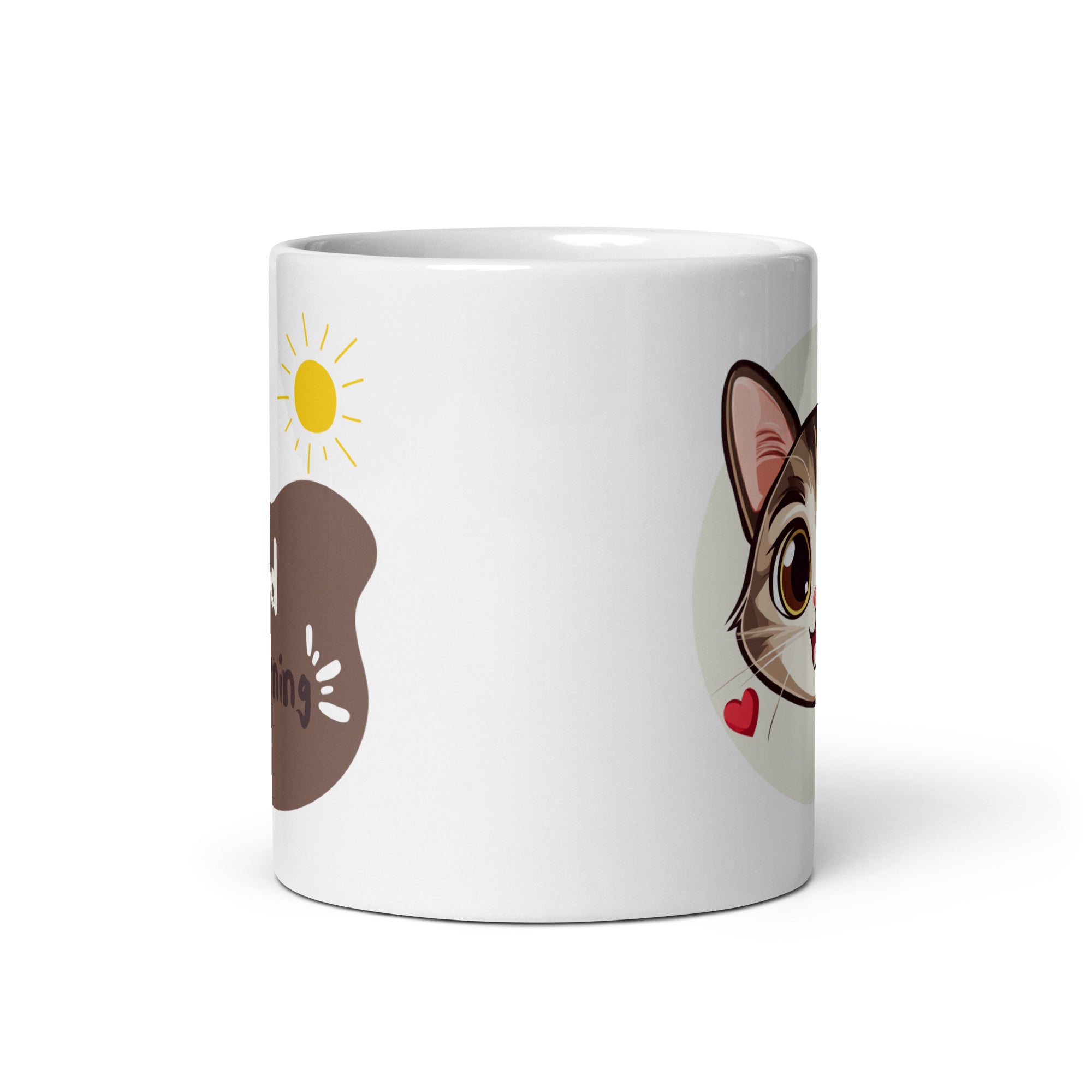 Woman enjoying breakfast with Kawaii Cat Mug, cute coffee cup