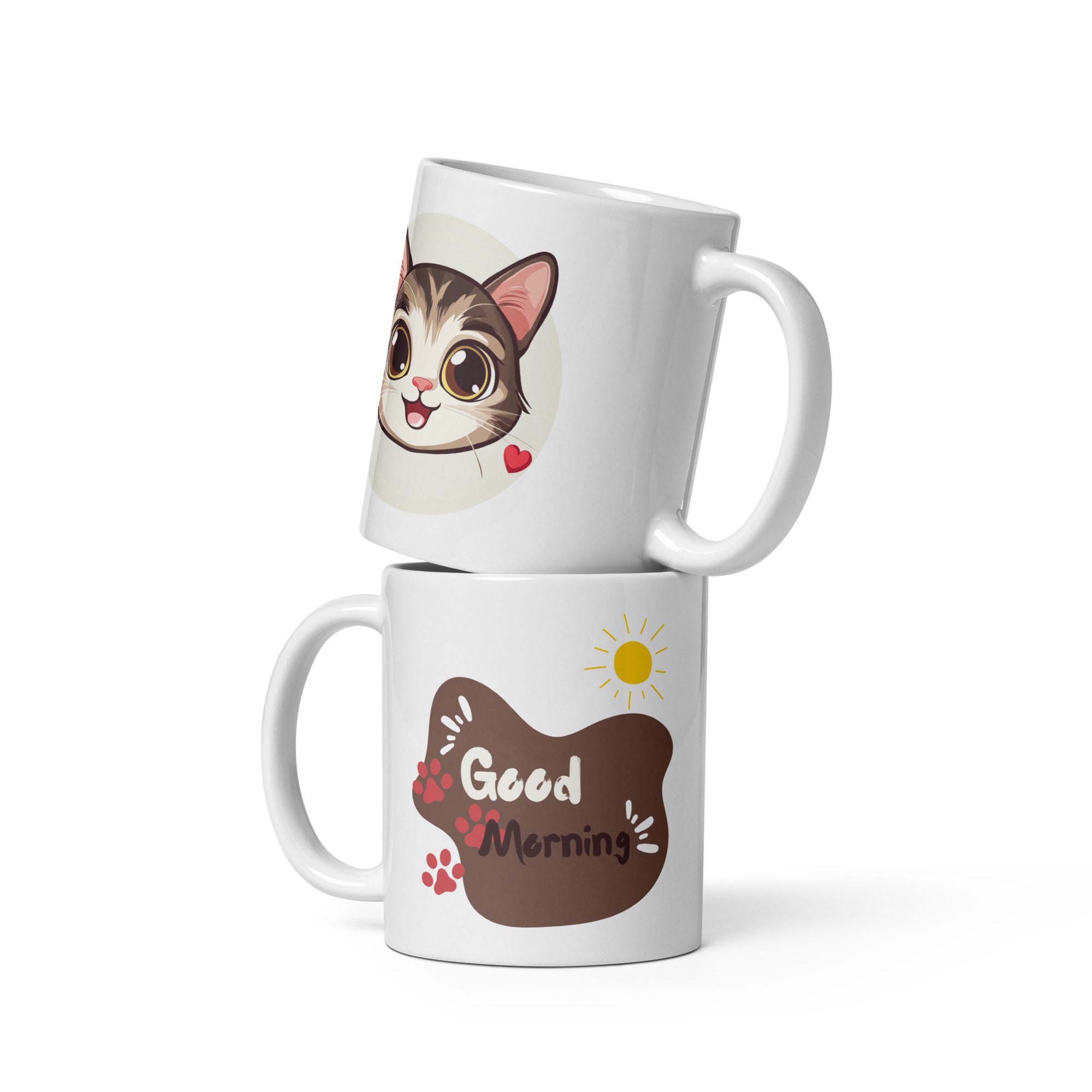 Woman enjoying breakfast with Kawaii Cat Mug, cute coffee cup