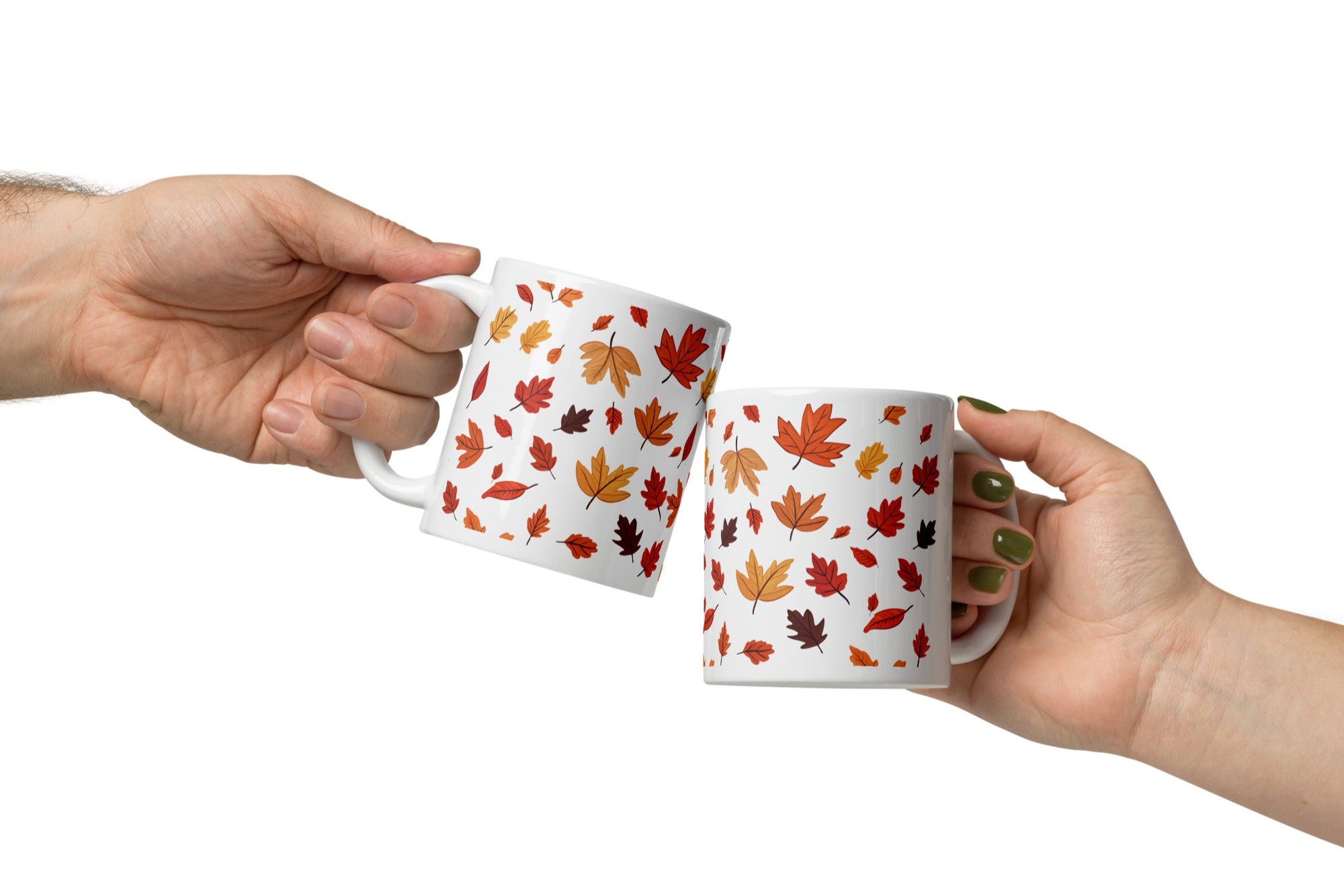 Woman enjoying morning coffee with Autumn Leaves Mug at breakfast table