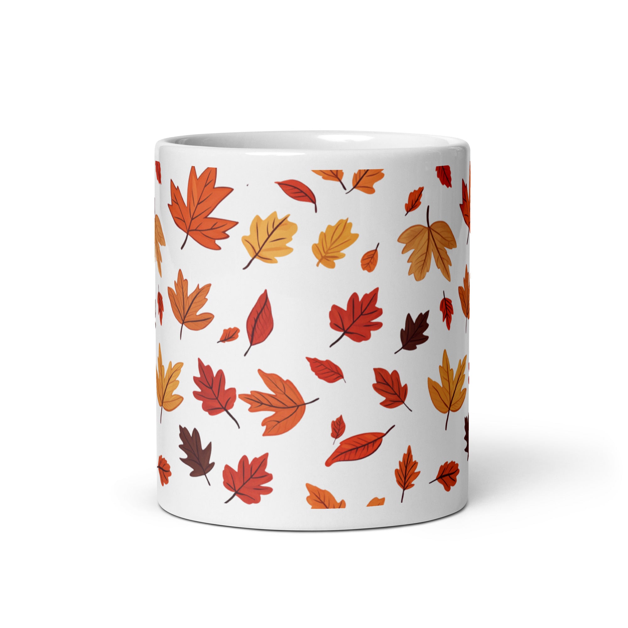 Woman enjoying morning coffee with Autumn Leaves Mug at breakfast table