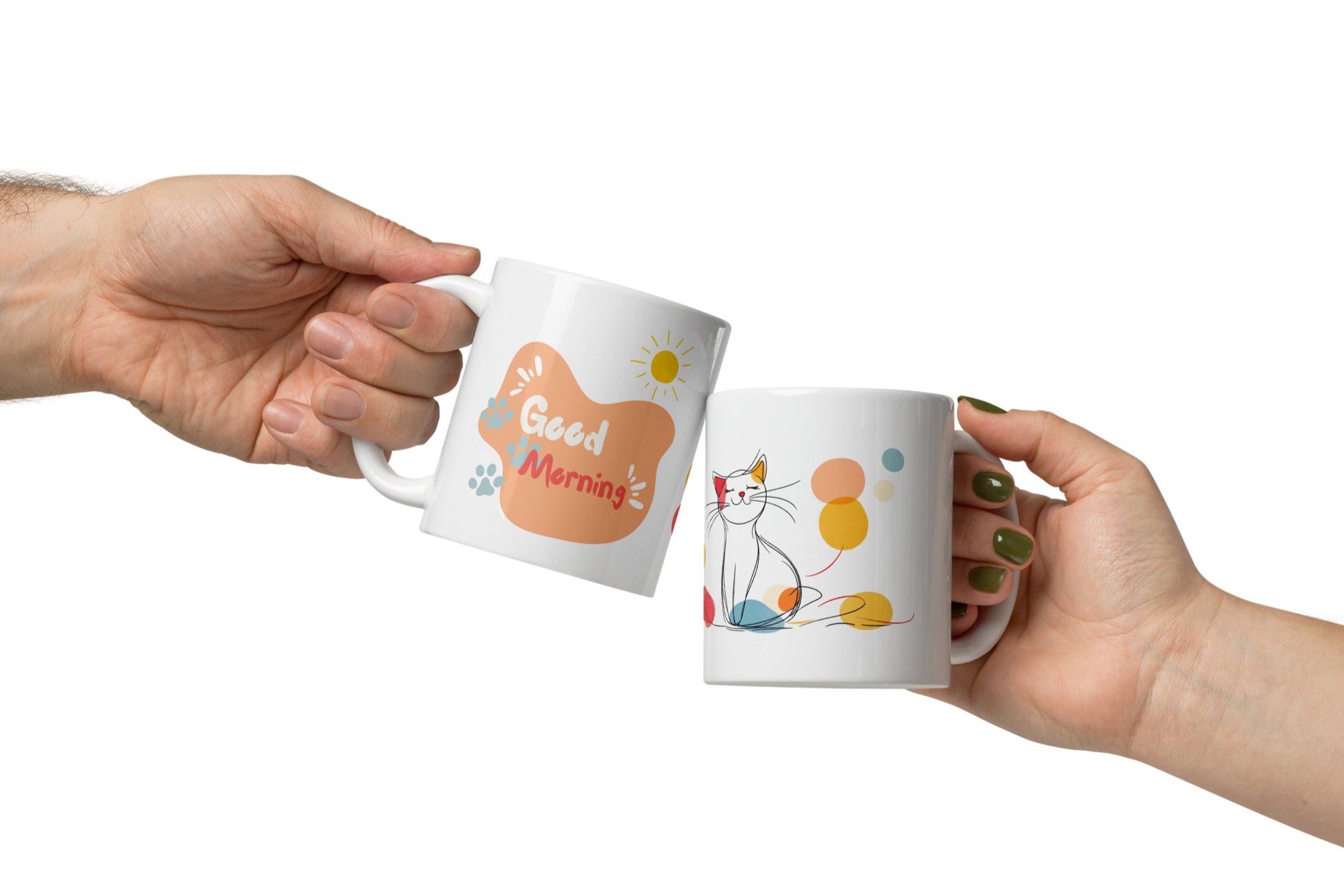 Side view of cat mug, smiling cat and Good Morning graphic