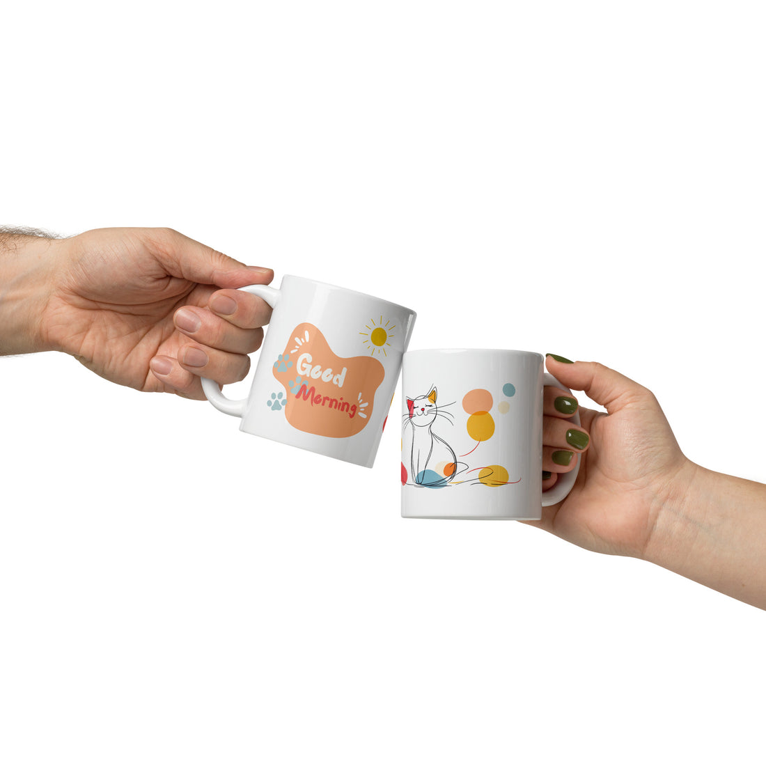 Playful Cat Good Morning Mug - 325ml (11oz) White Ceramic Coffee Cup with Colorful Cat and Dots Design, Perfect Gift for Cat Lovers