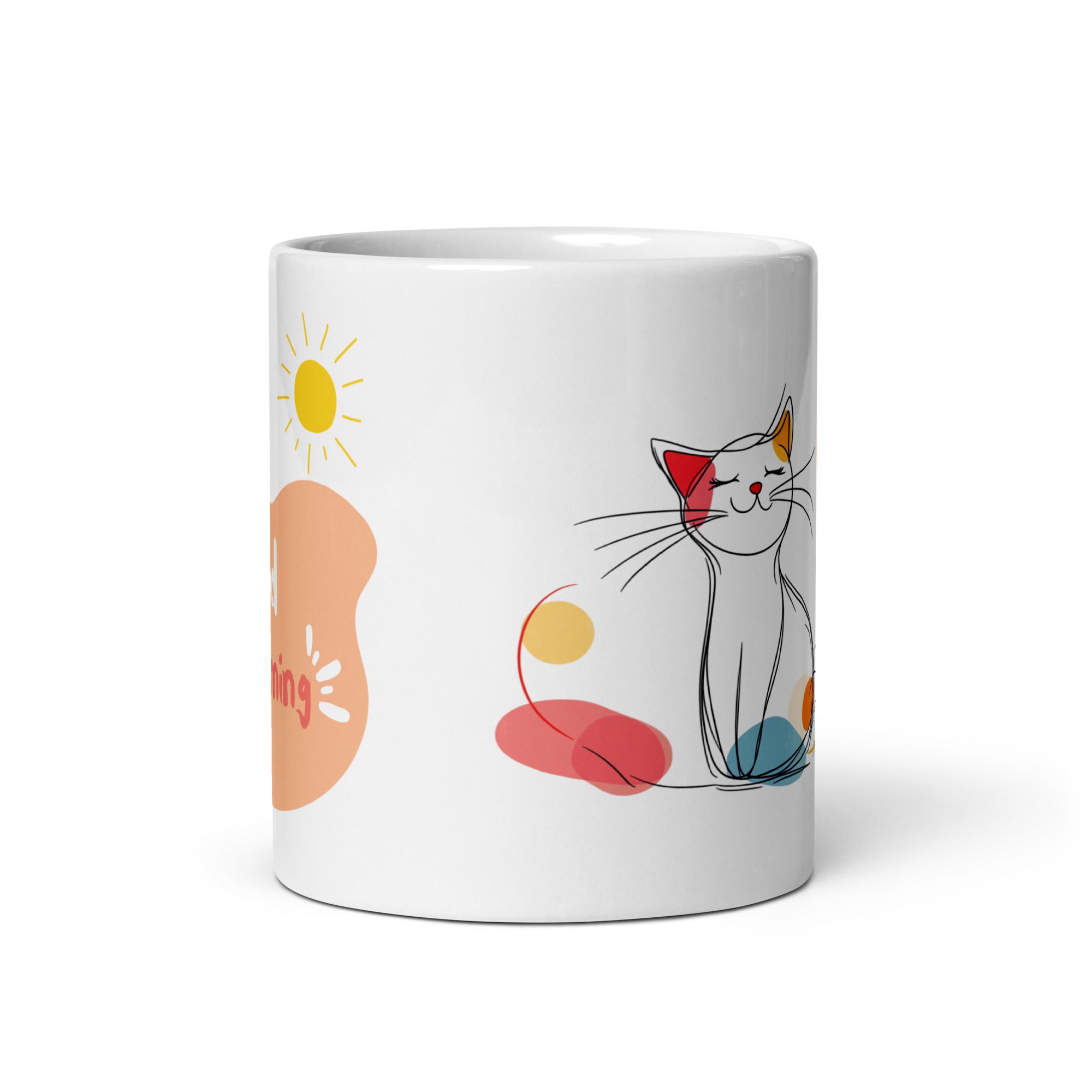 Side view of cat mug, smiling cat and Good Morning graphic